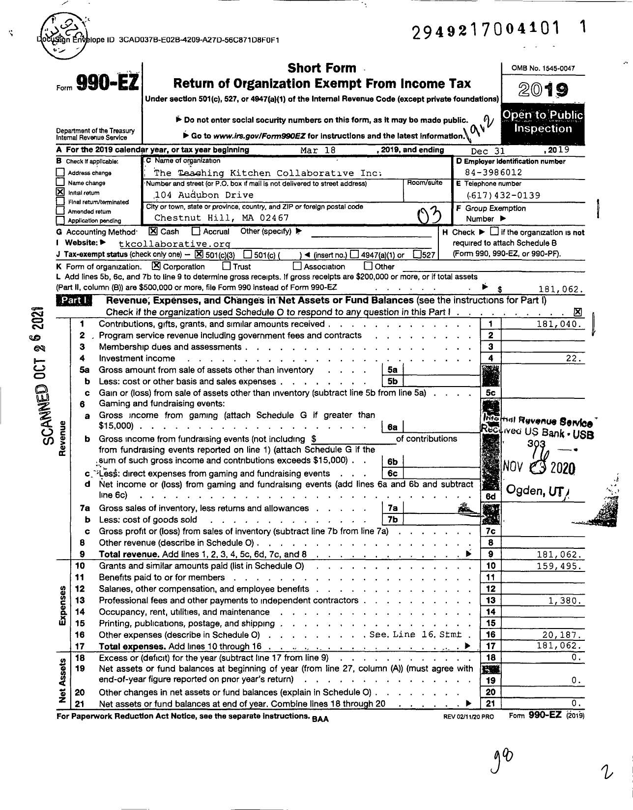 Image of first page of 2019 Form 990EZ for Teaching Kitchen Collaborative