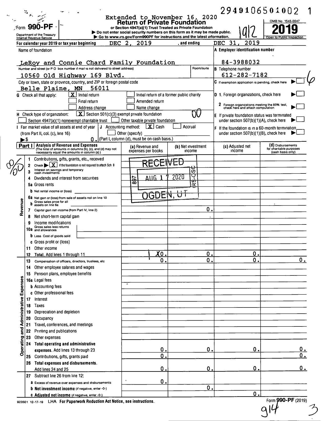 Image of first page of 2019 Form 990PF for LeRoy and Connie Chard Family Foundation