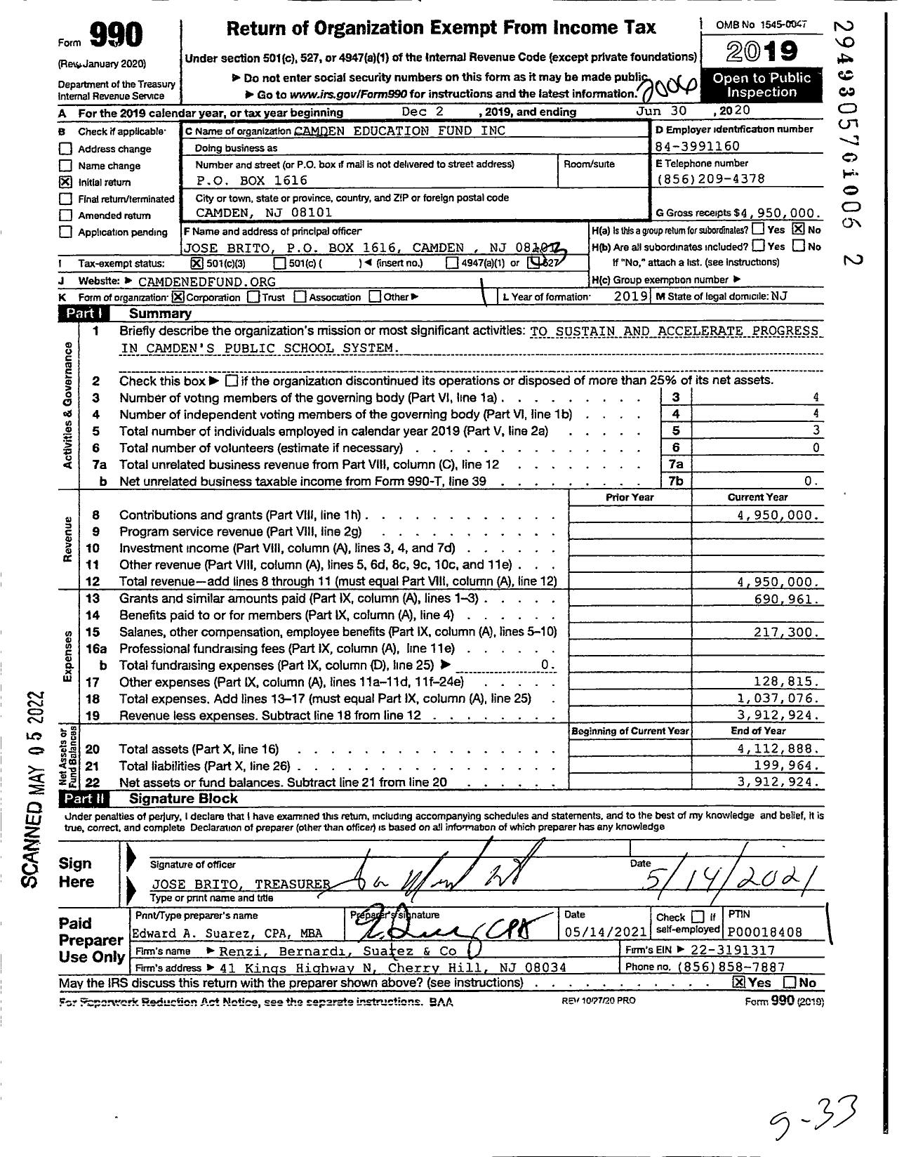 Image of first page of 2019 Form 990 for Camden Education Fund