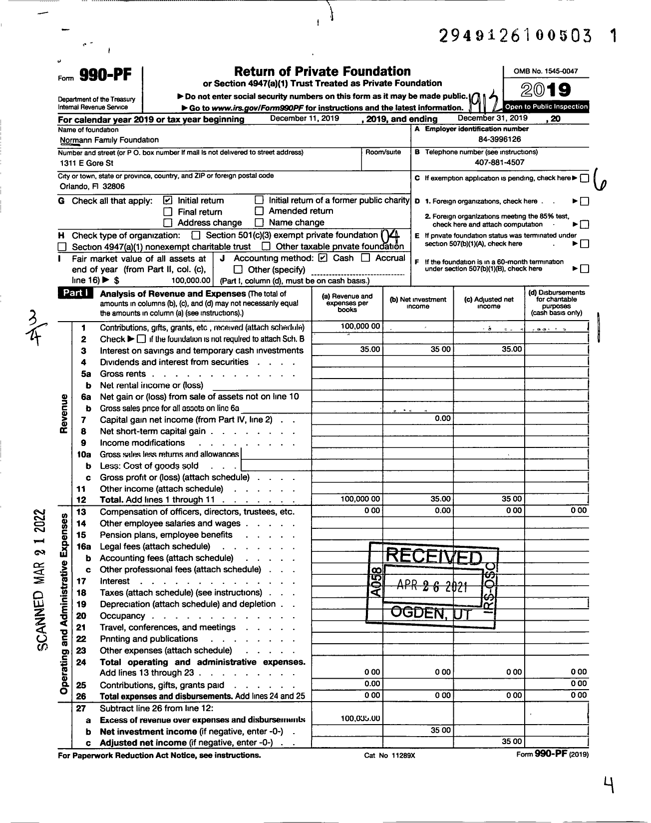 Image of first page of 2019 Form 990PF for Normann Family Foundation