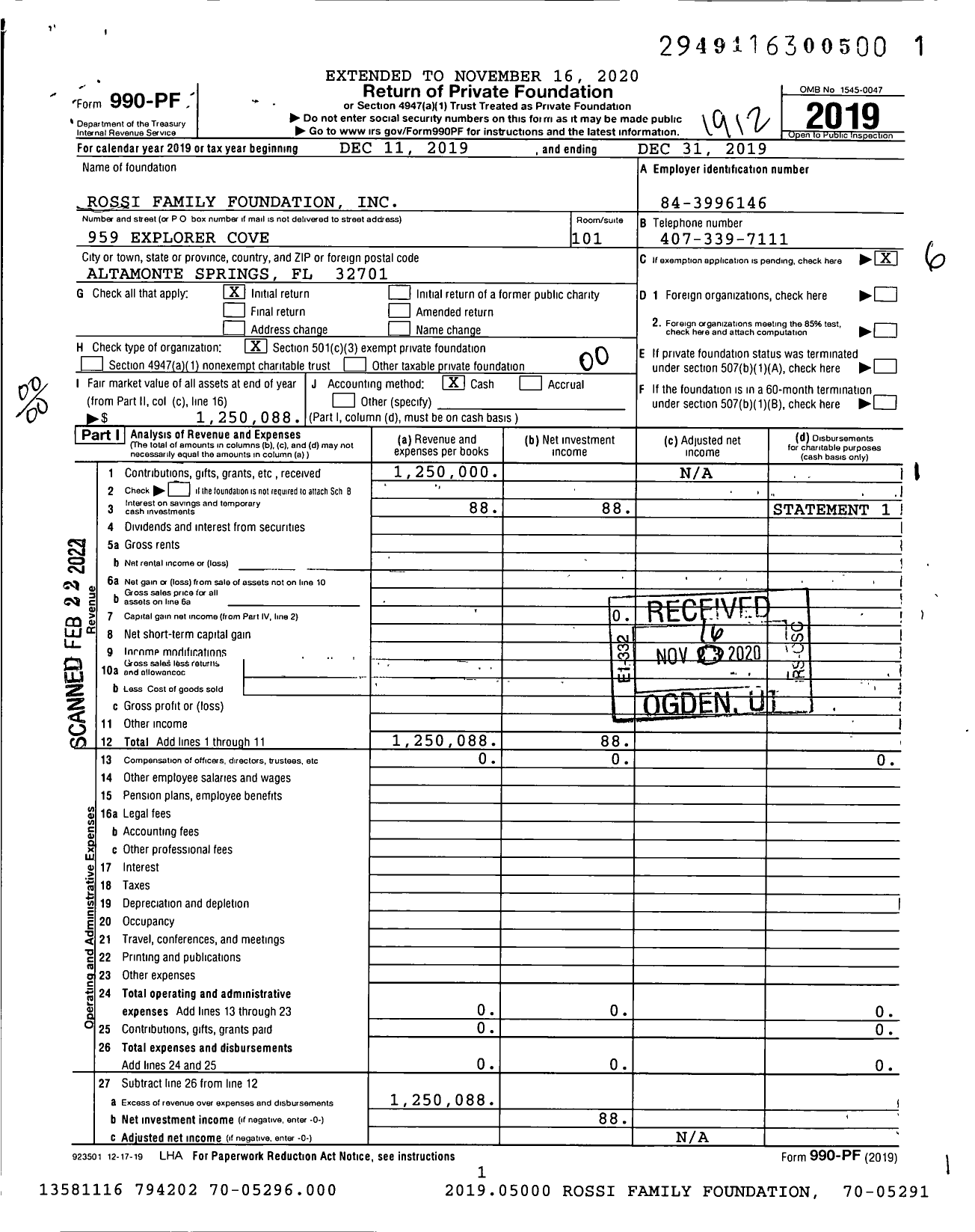 Image of first page of 2019 Form 990PF for Rossi Family Foundation