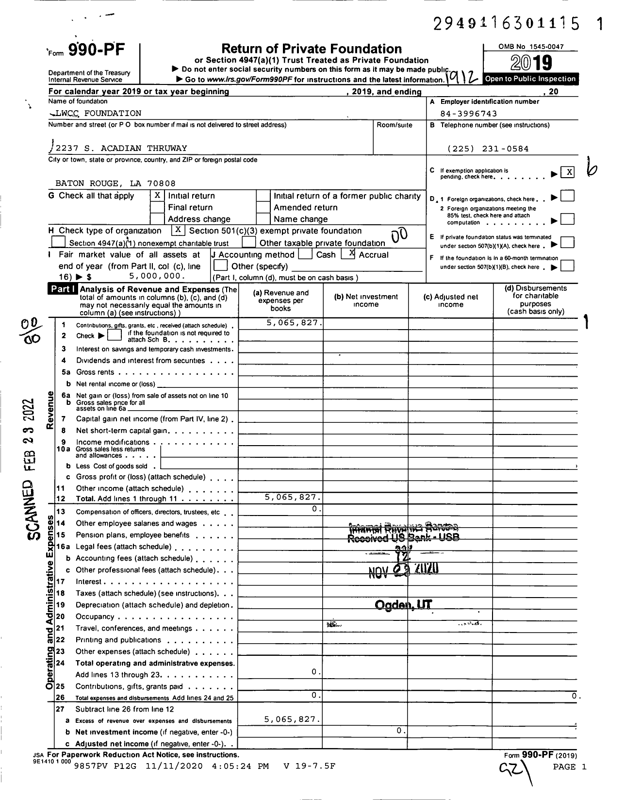 Image of first page of 2019 Form 990PF for LWCC Foundation