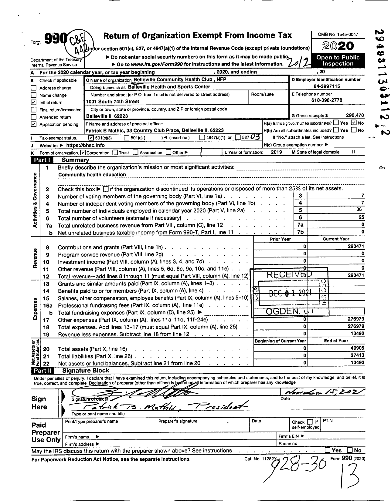 Image of first page of 2020 Form 990 for Belleville Health and Sports Center