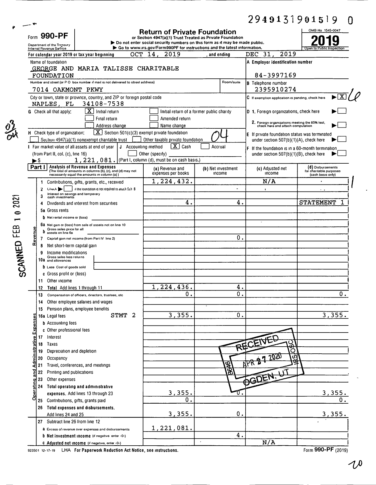 Image of first page of 2019 Form 990PF for George and Maria Talisse Charitable Foundation