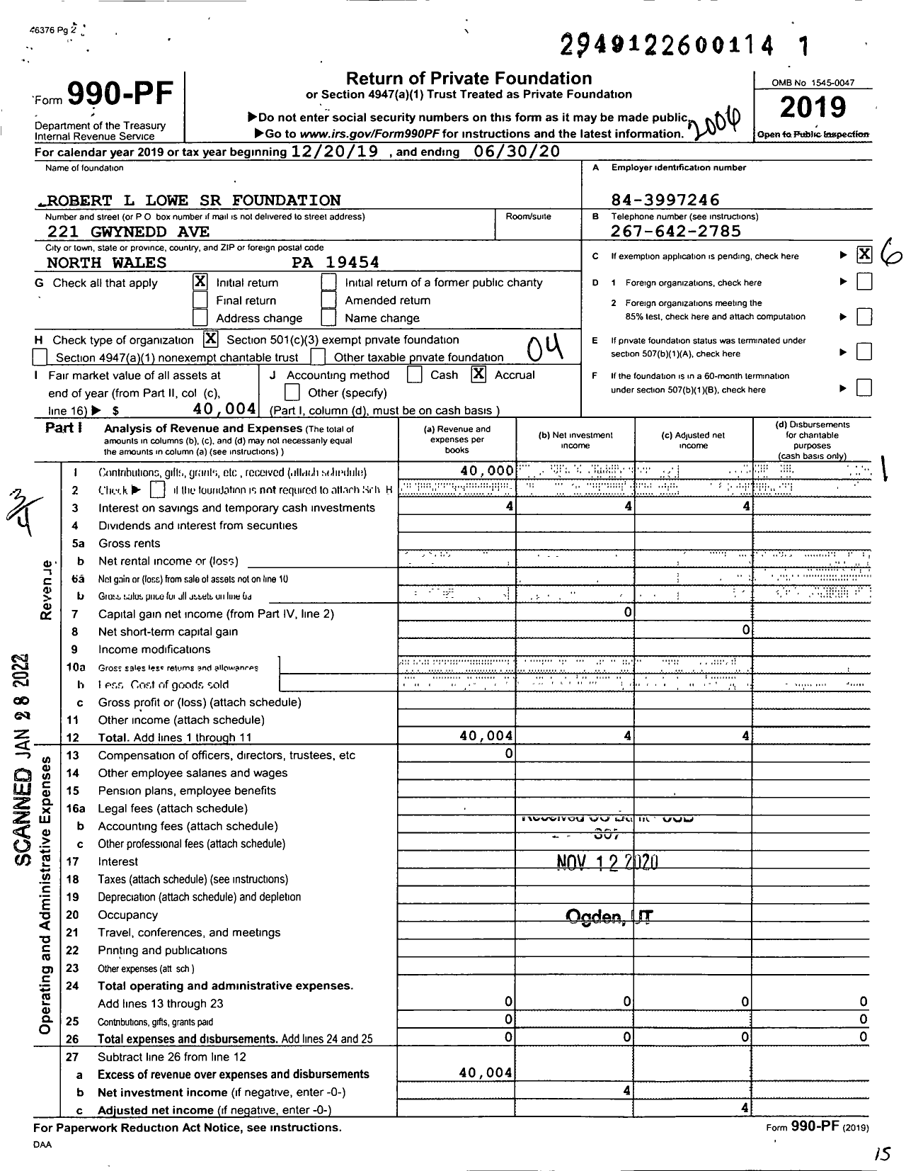 Image of first page of 2019 Form 990PF for Robert L Lowe SR Foundation