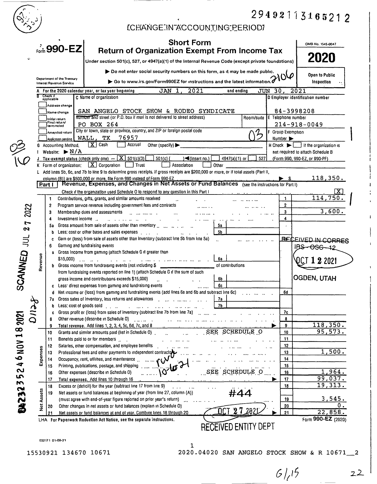 Image of first page of 2020 Form 990EZ for San Angelo Stock Show and Rodeo Syndicate