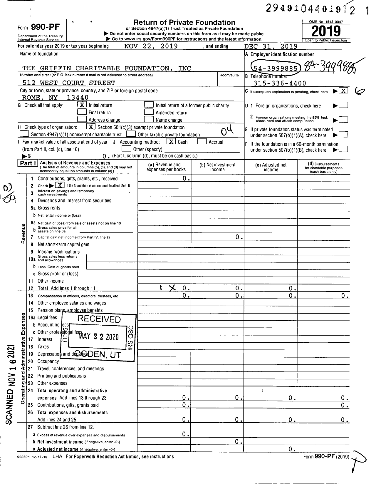 Image of first page of 2019 Form 990PF for The Griffin Charitable Foundation