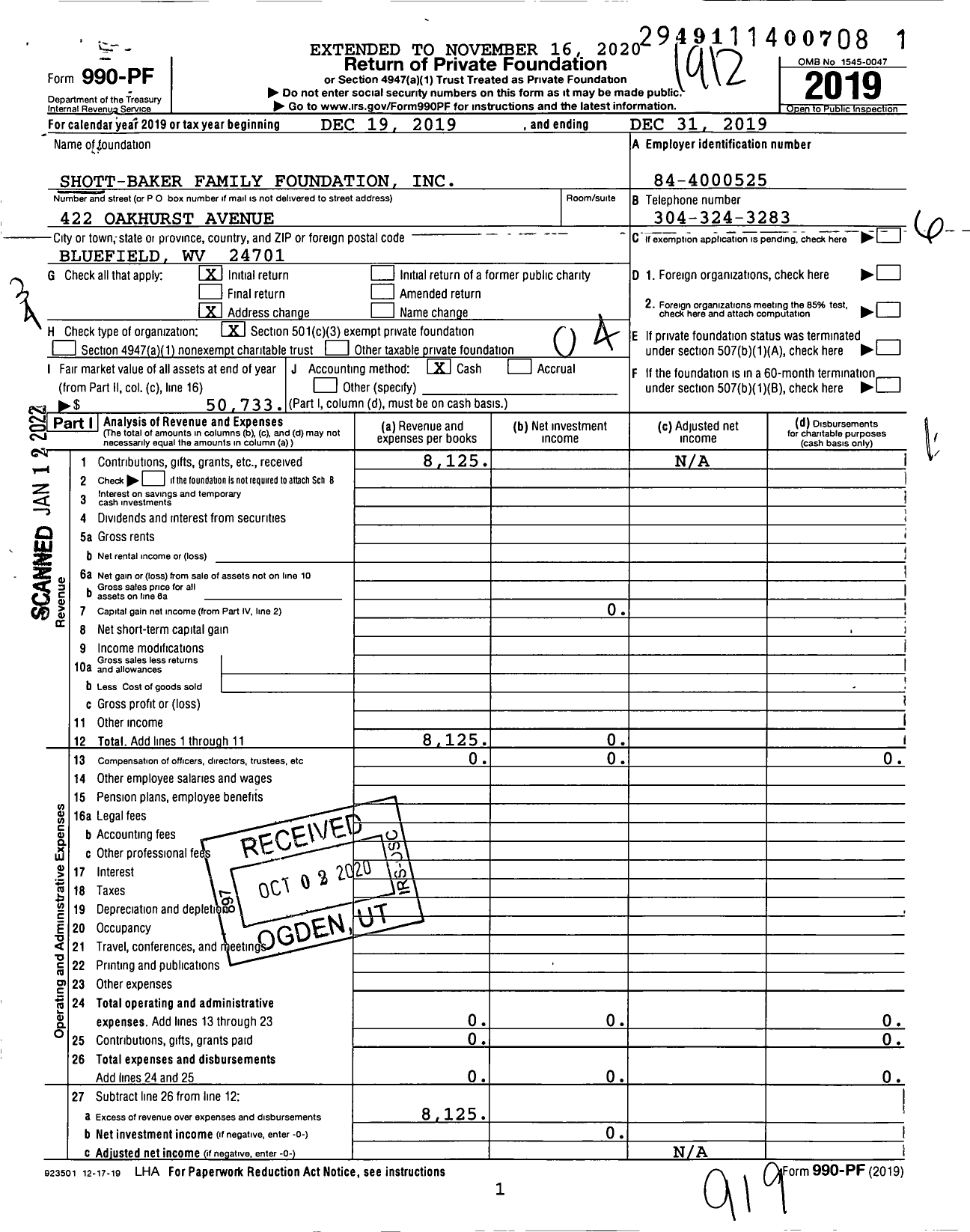 Image of first page of 2019 Form 990PF for Shott-Baker Family Foundation