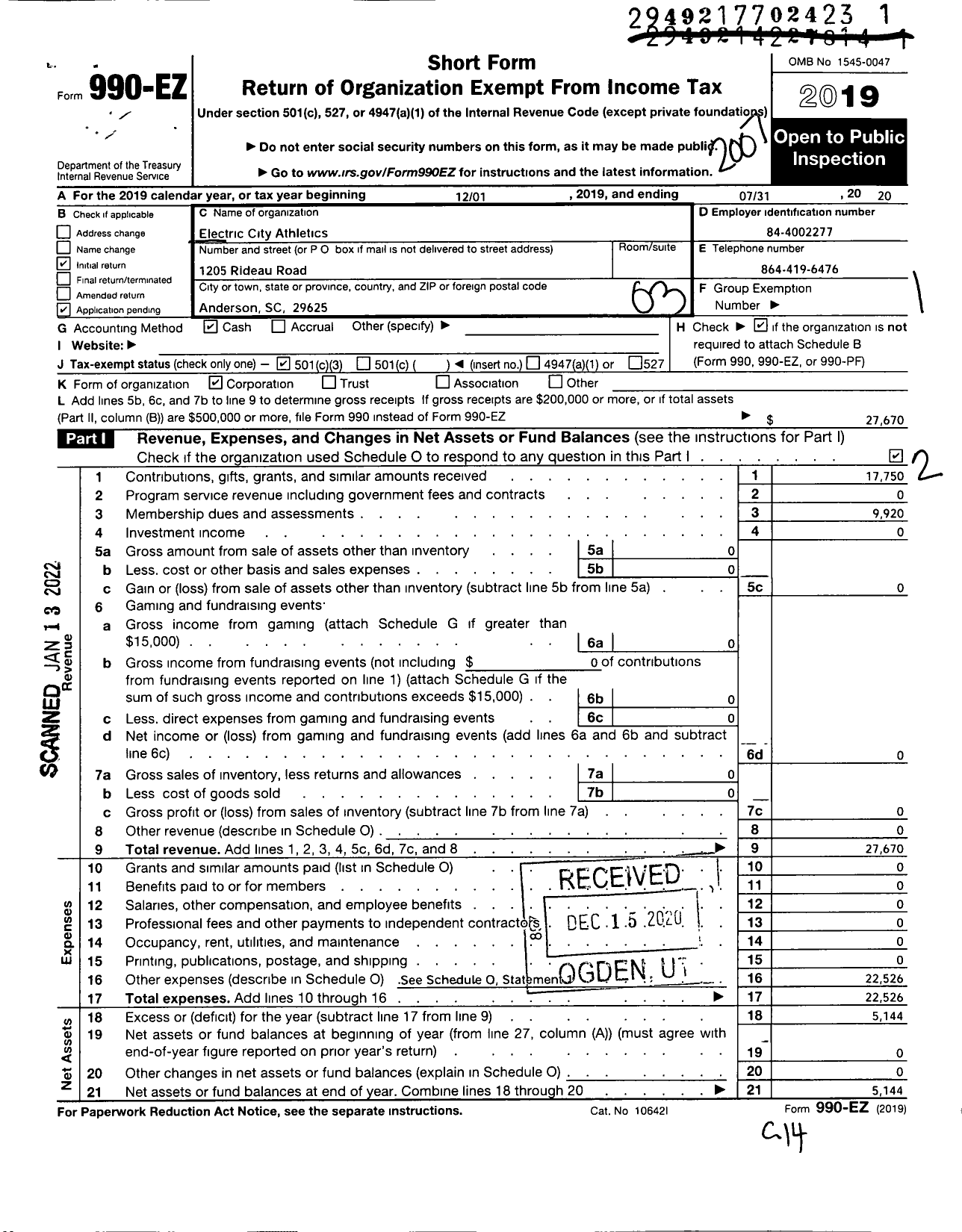 Image of first page of 2019 Form 990EZ for Electric City Athletics