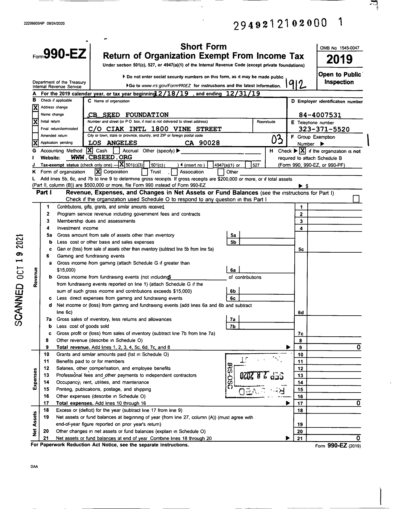 Image of first page of 2019 Form 990EZ for CB Seed Foundation