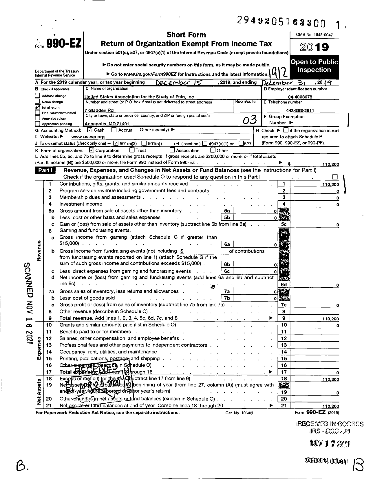 Image of first page of 2019 Form 990EZ for United States Association for the Study of Pain