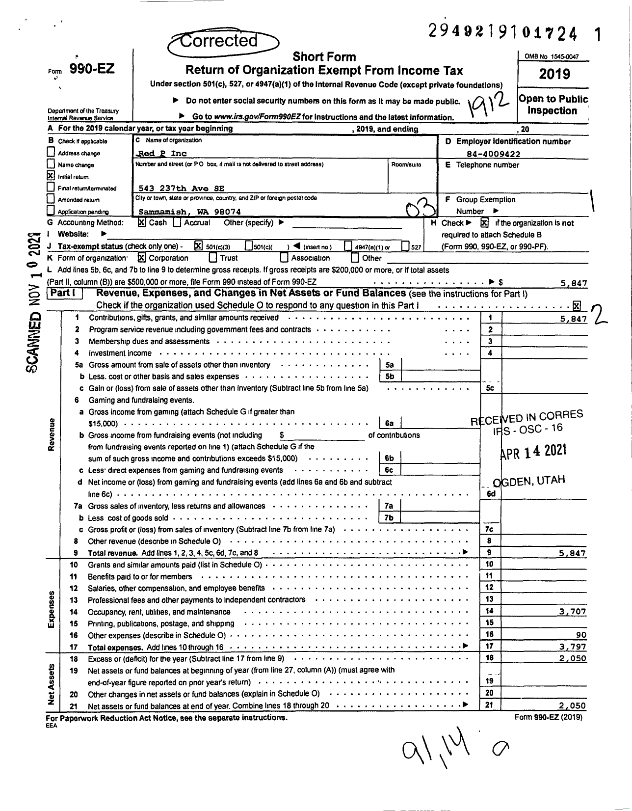 Image of first page of 2019 Form 990EZ for Red P