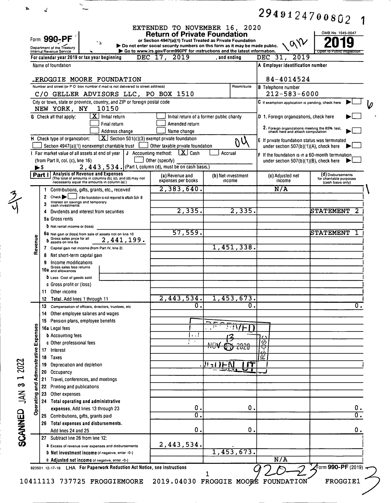 Image of first page of 2019 Form 990PF for Froggie Moore Foundation