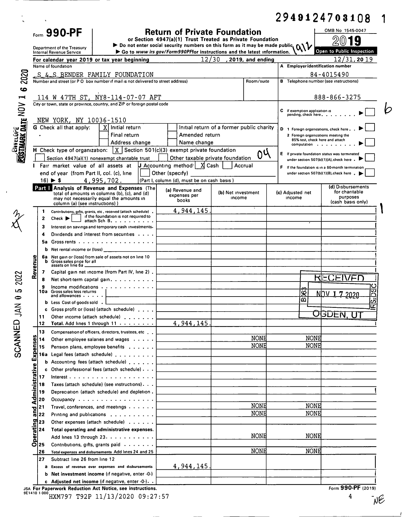 Image of first page of 2019 Form 990PF for Susie and Scott Bender Family Foundation