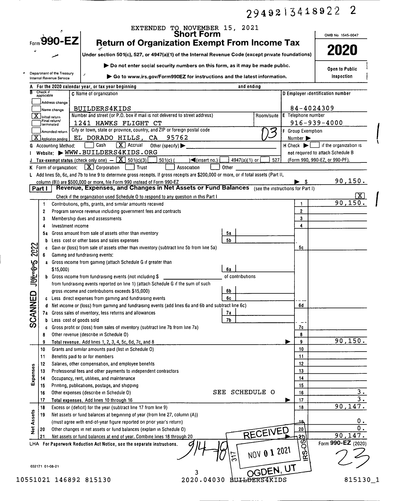 Image of first page of 2020 Form 990EZ for Builders4kids