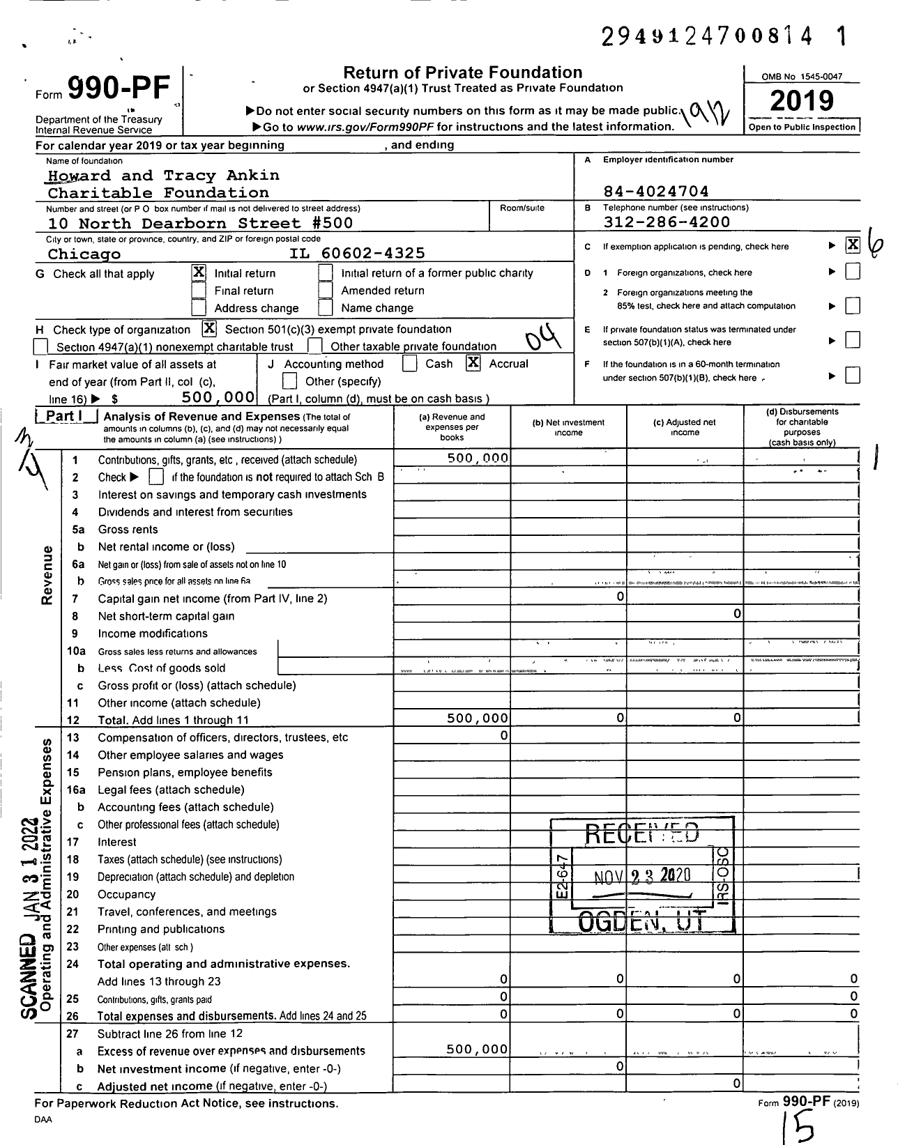 Image of first page of 2019 Form 990PF for Howard and Tracy Ankin Charitable Foundation