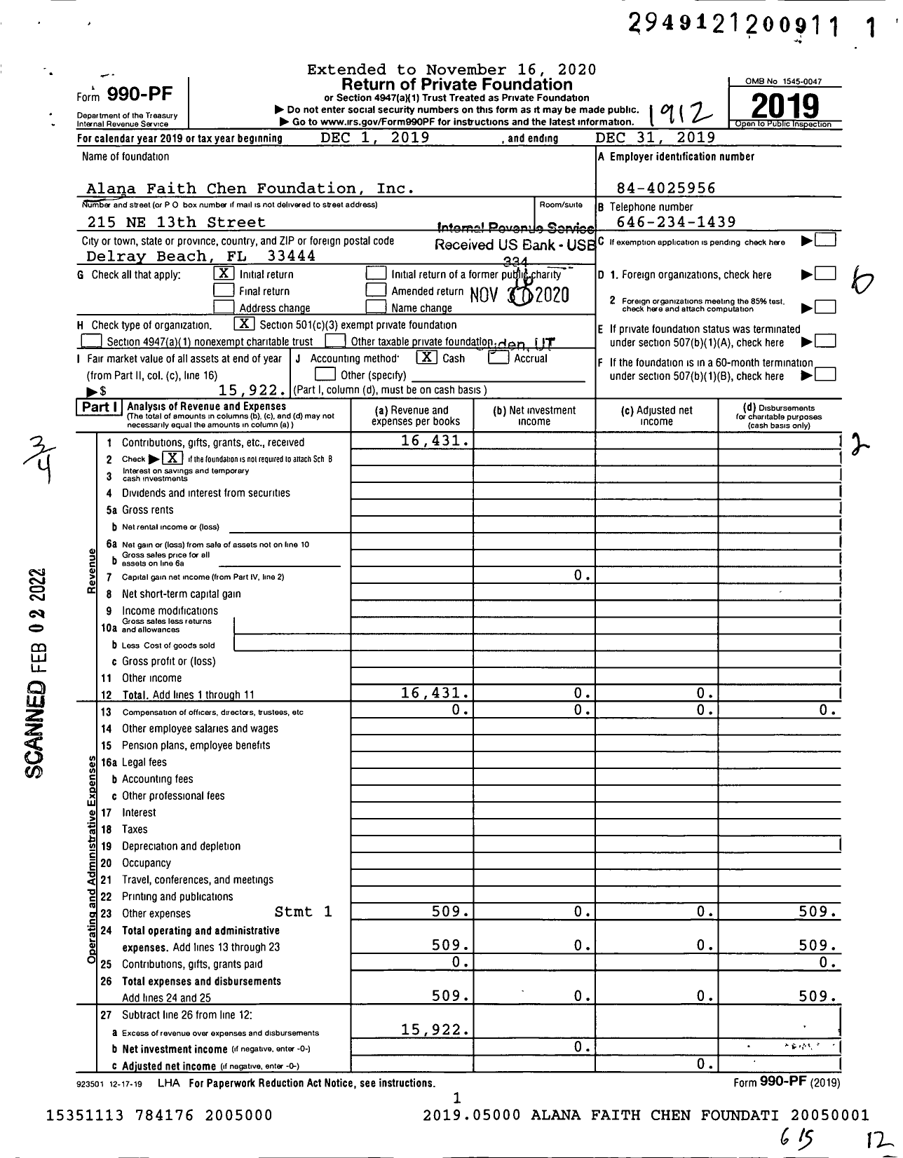 Image of first page of 2019 Form 990PF for Alana Faith Chen Foundation