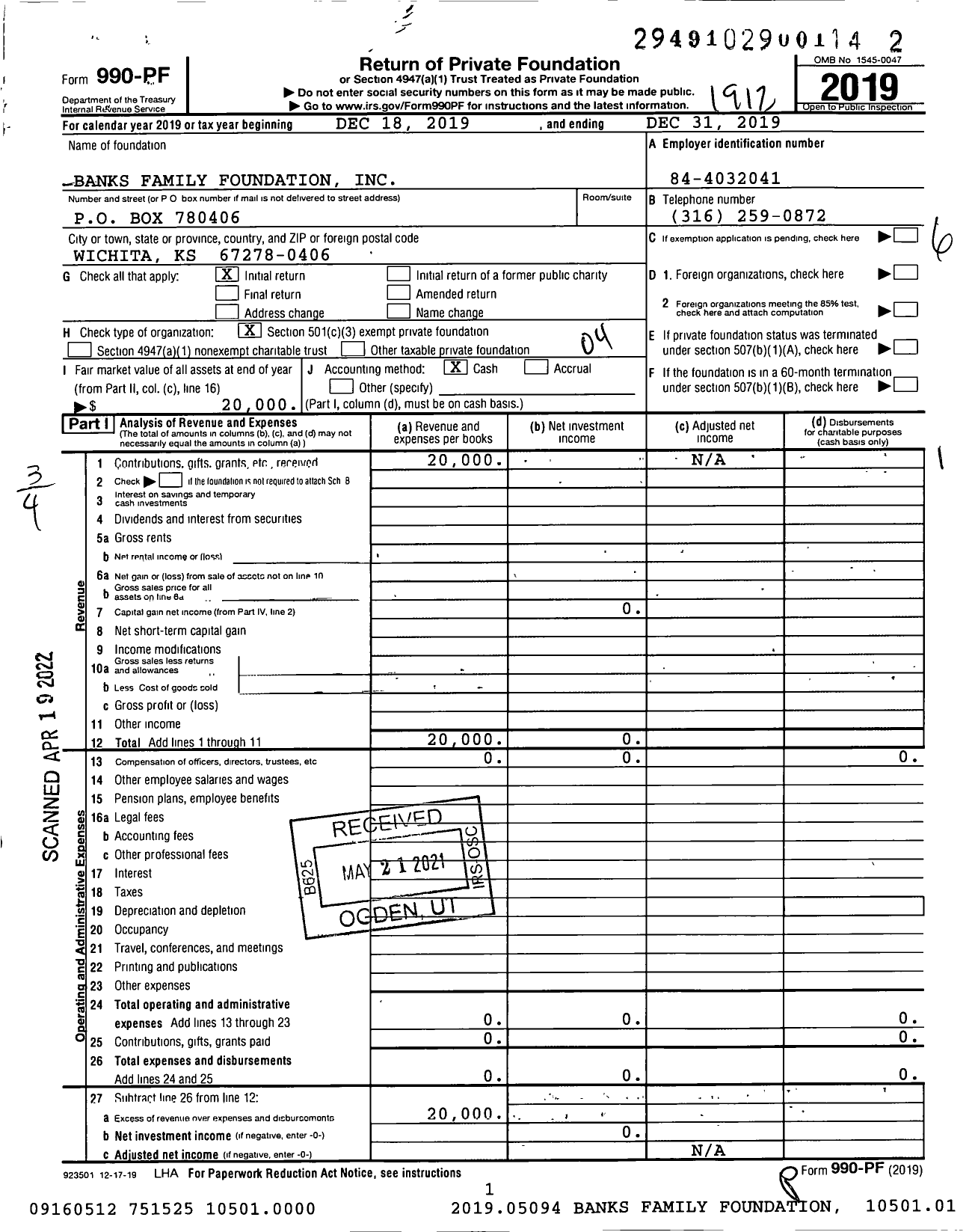 Image of first page of 2019 Form 990PF for Banks Family Foundation