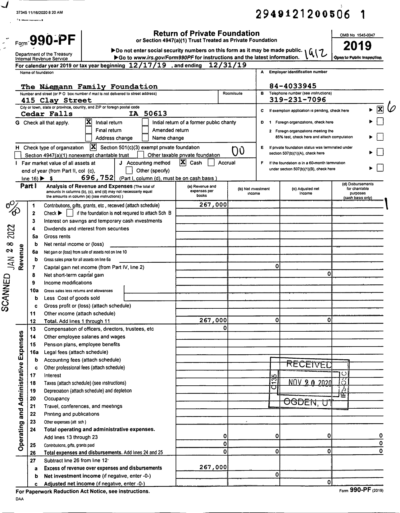 Image of first page of 2019 Form 990PF for The Niemann Family Foundation