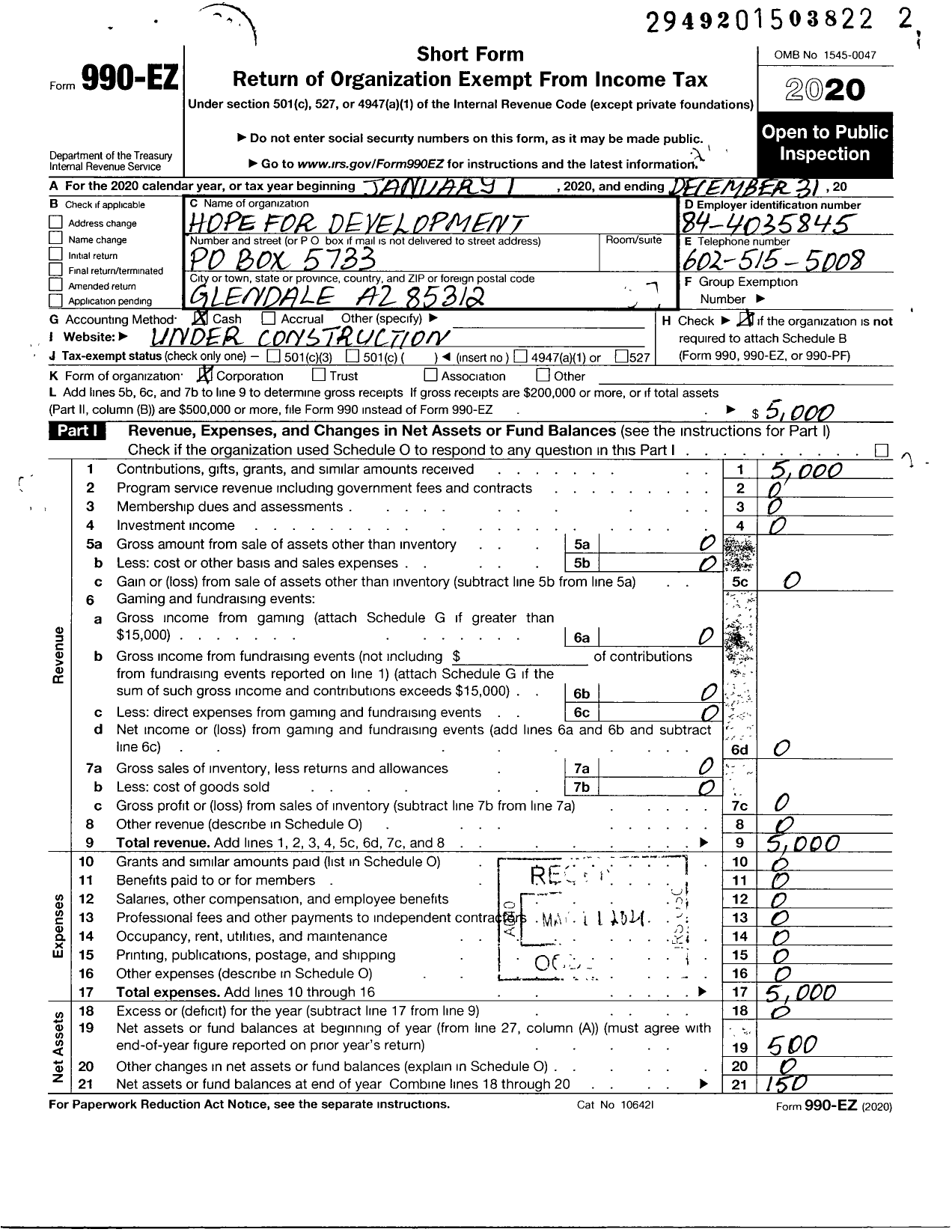 Image of first page of 2020 Form 990EO for Hope for Development