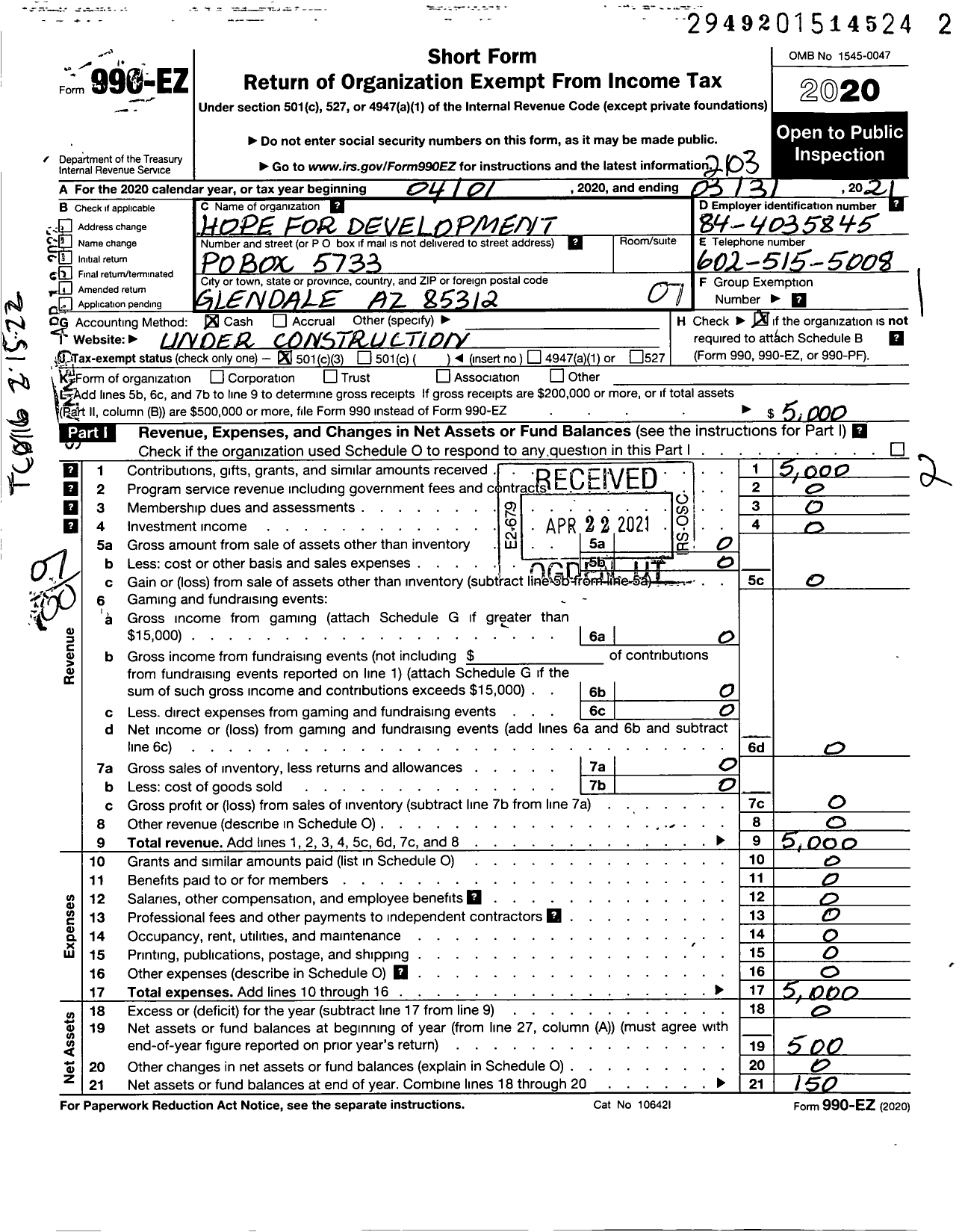 Image of first page of 2020 Form 990EO for Hope for Development