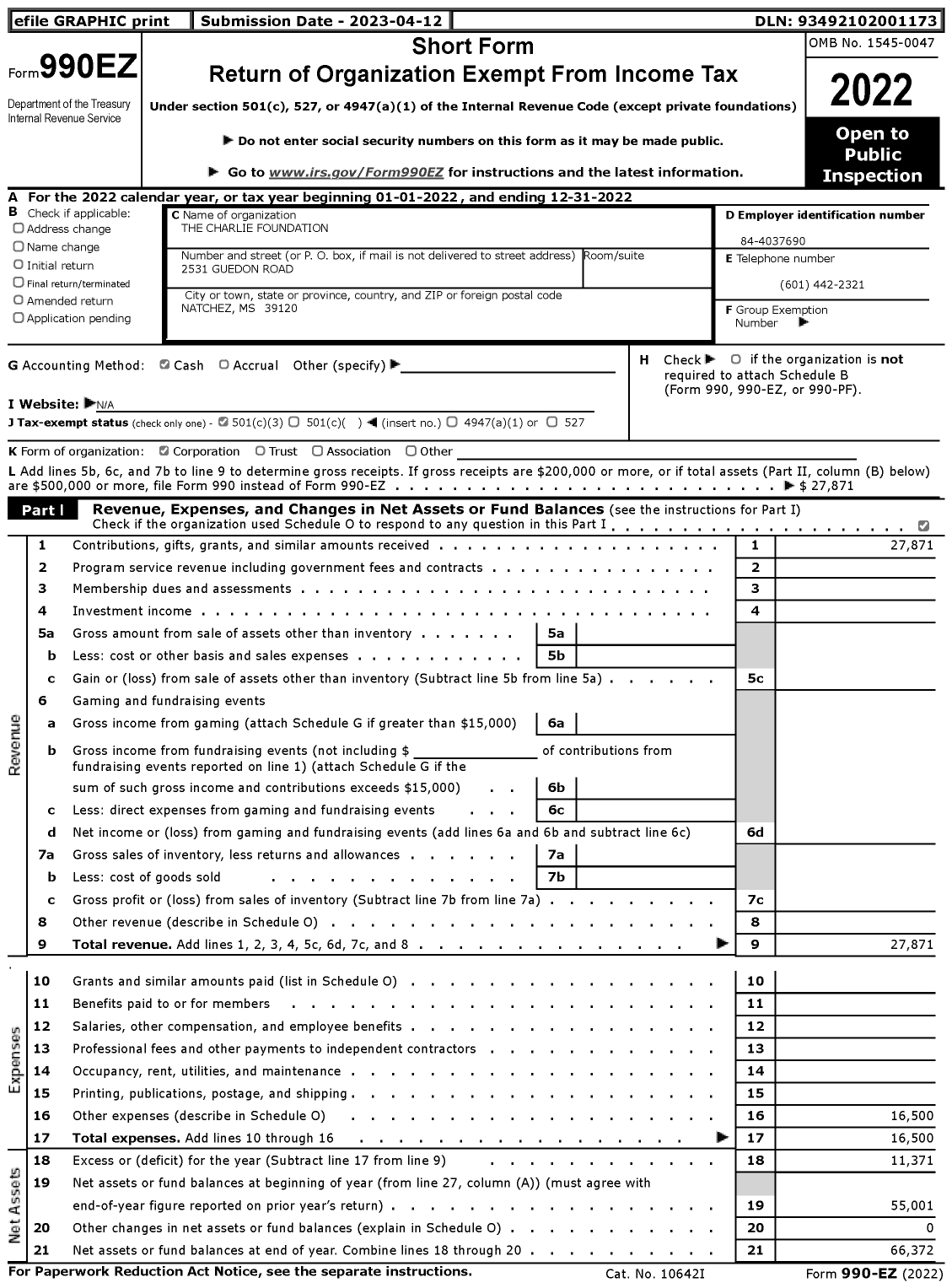 Image of first page of 2022 Form 990EZ for The Charlie Foundation