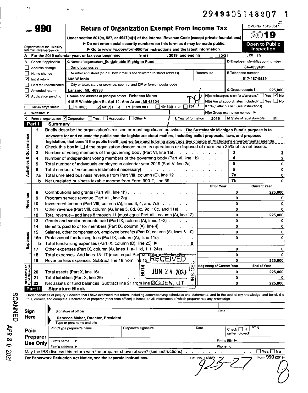 Image of first page of 2019 Form 990O for The Michigan Environmental Council Action Fund