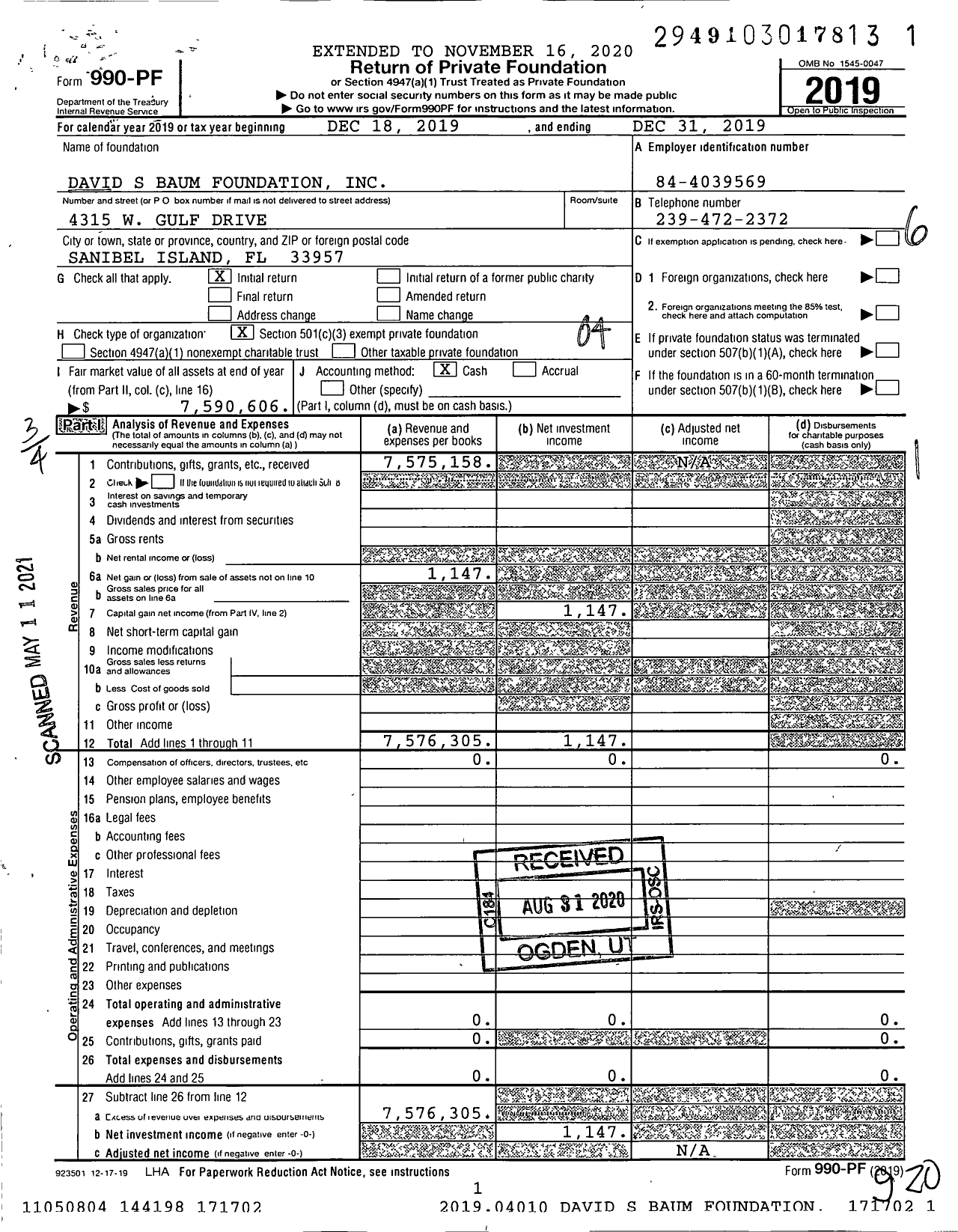 Image of first page of 2019 Form 990PF for David S Baum Foundation