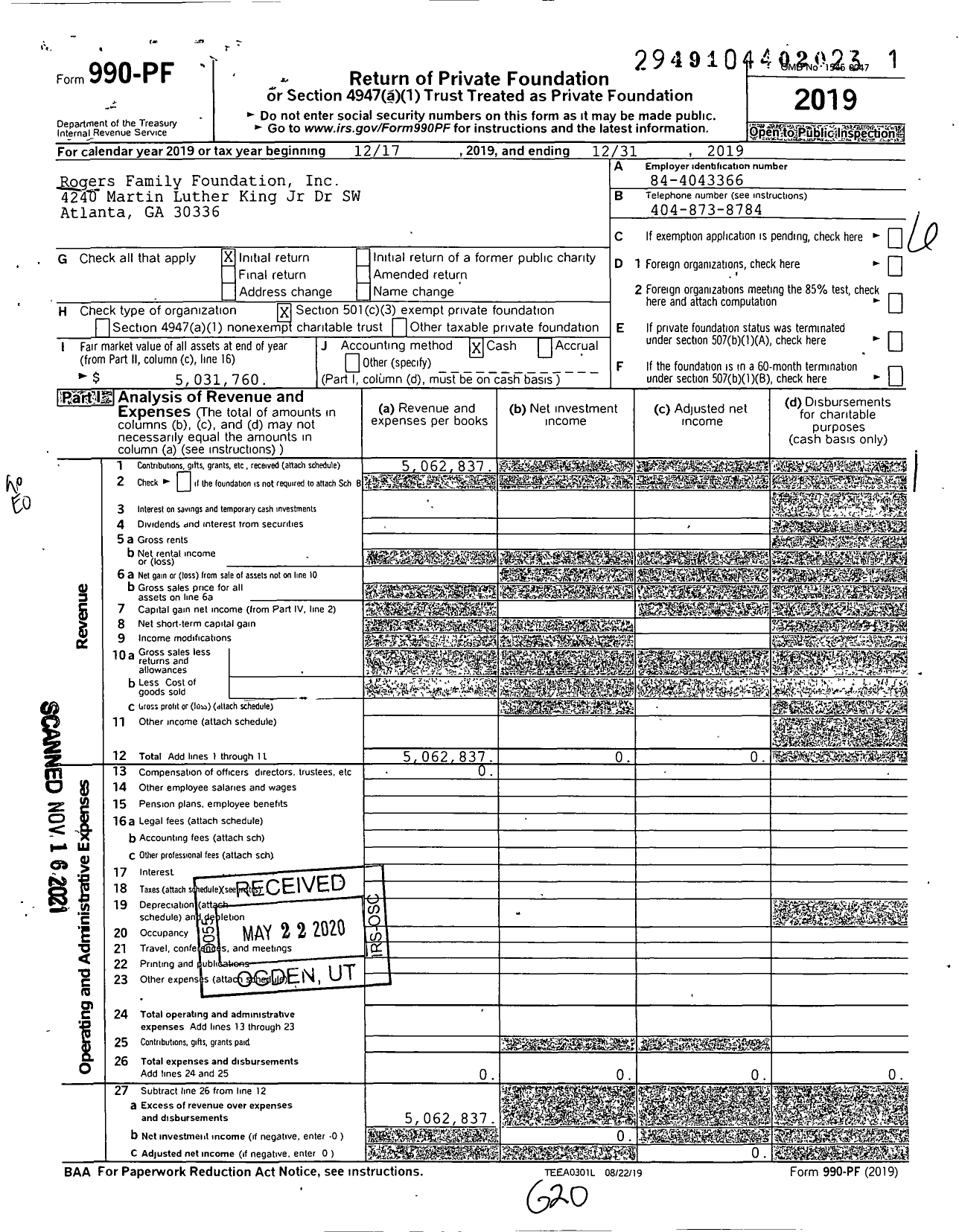 Image of first page of 2019 Form 990PF for Rogers Family Foundation