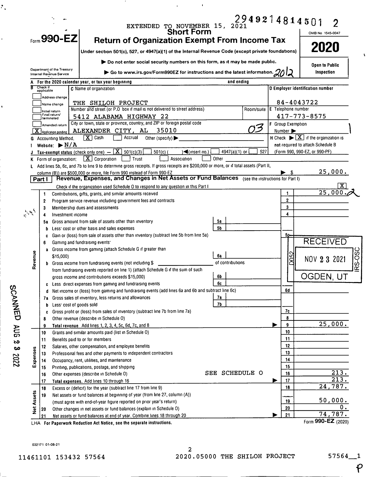 Image of first page of 2020 Form 990EZ for The Shiloh Project