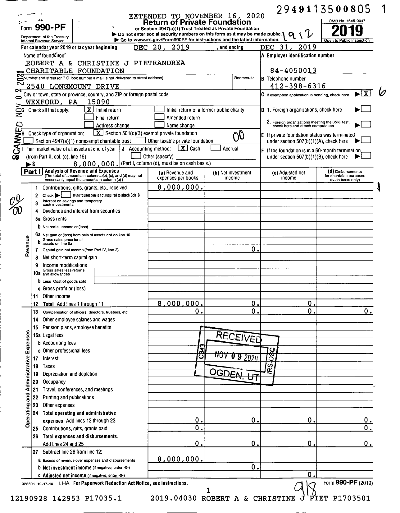 Image of first page of 2019 Form 990PF for Robert A and Christine J Pietrandrea Charitable Foundation