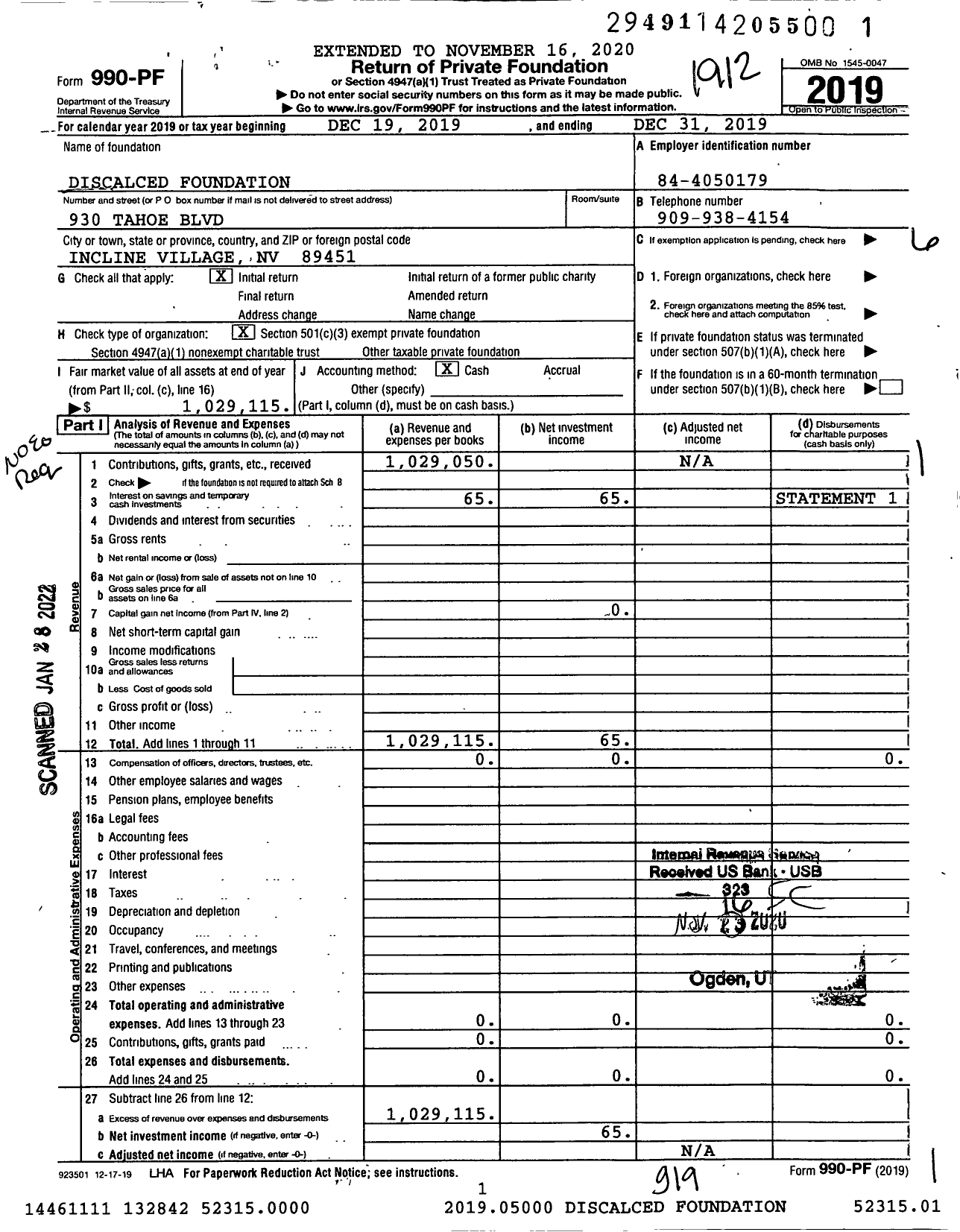 Image of first page of 2019 Form 990PF for Discalced Foundation