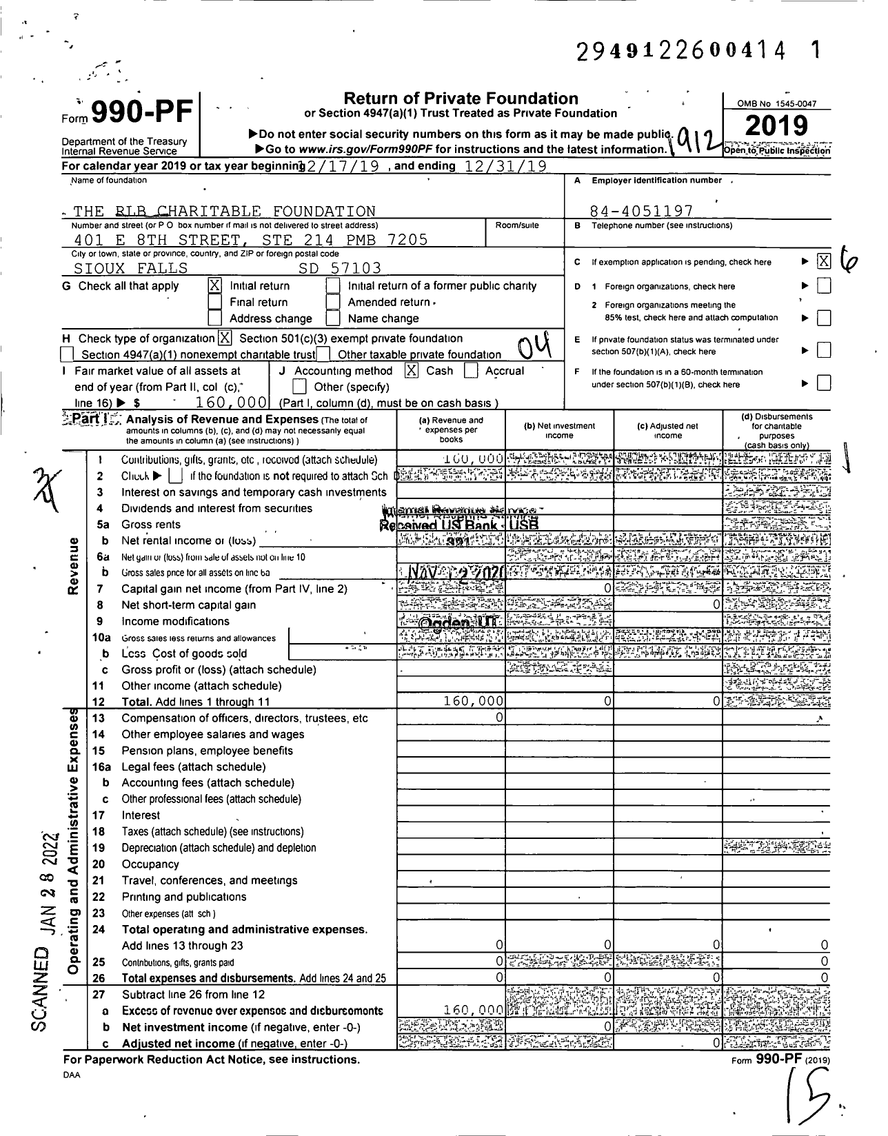 Image of first page of 2019 Form 990PF for The RLB Charitable Foundation