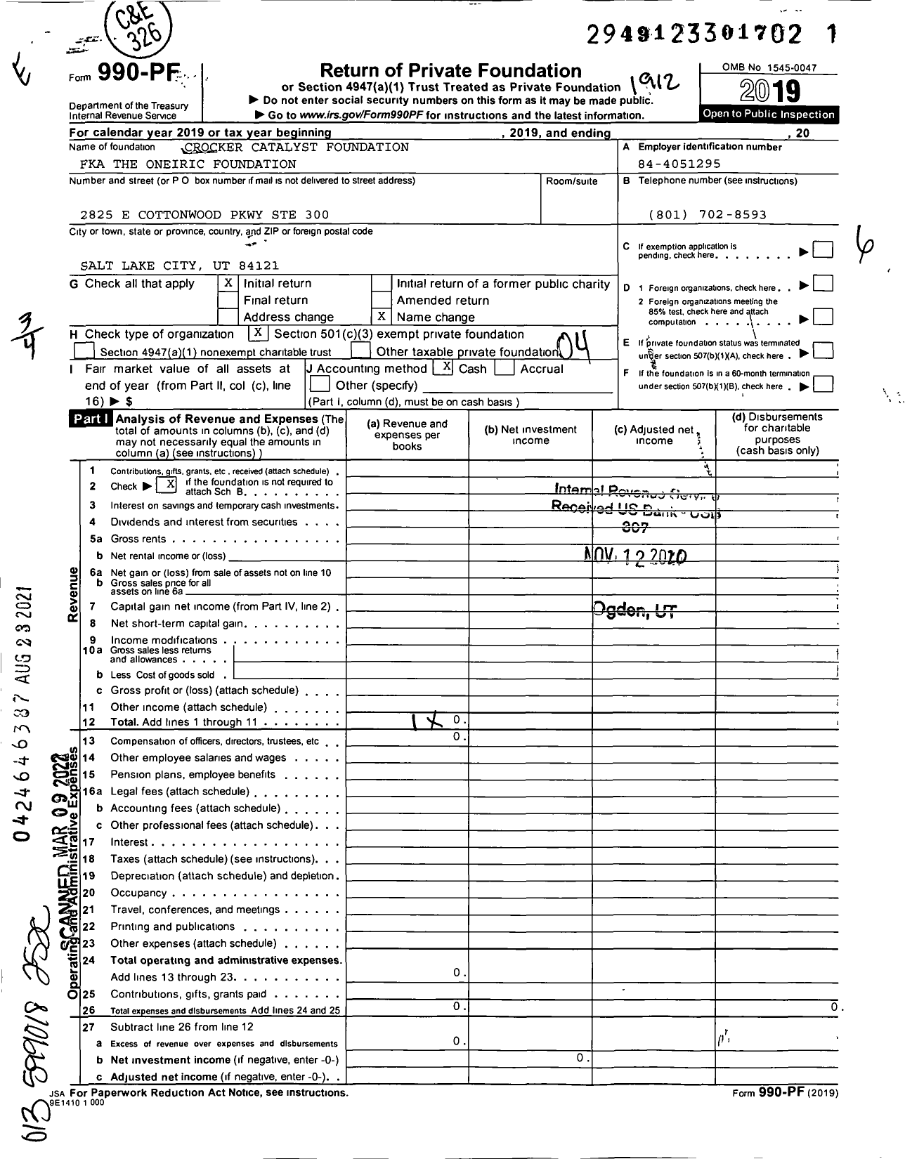 Image of first page of 2019 Form 990PF for Crocker Catalyst Foundation