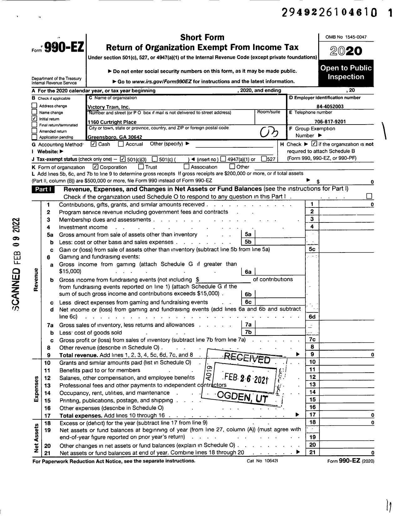 Image of first page of 2020 Form 990EZ for Victory Train