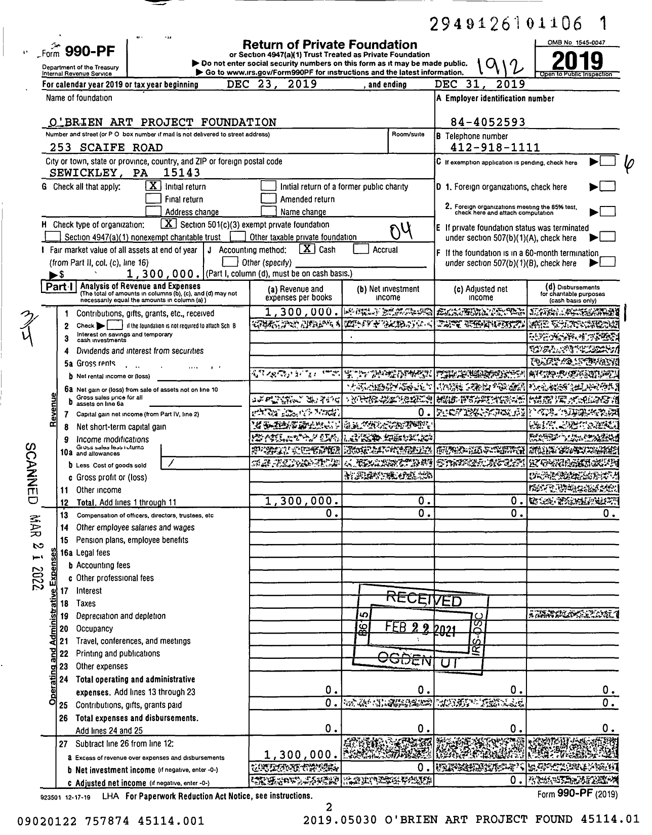 Image of first page of 2019 Form 990PF for O'Brien Art Project Foundation