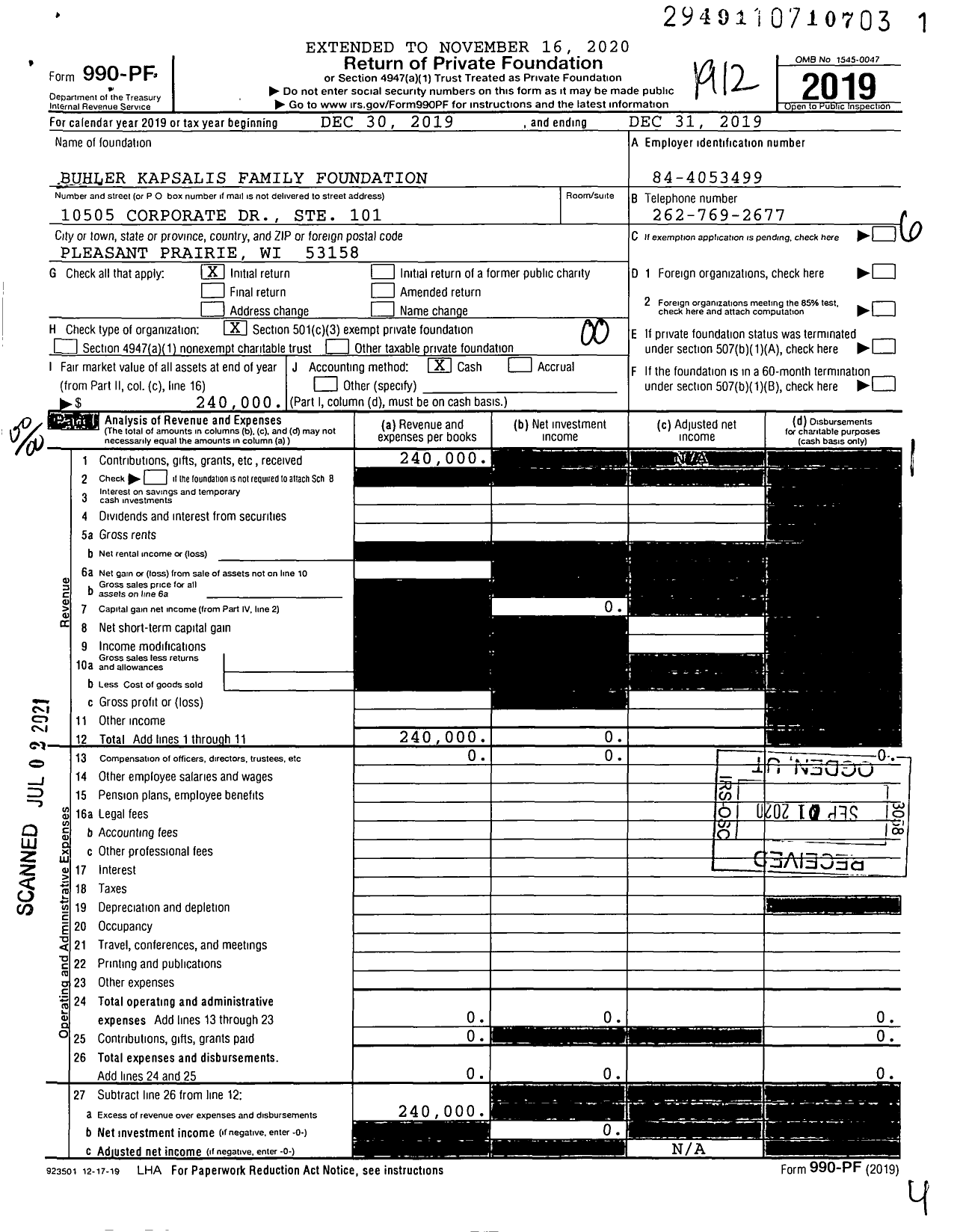 Image of first page of 2019 Form 990PF for Buhler Kapsalis Family Foundation