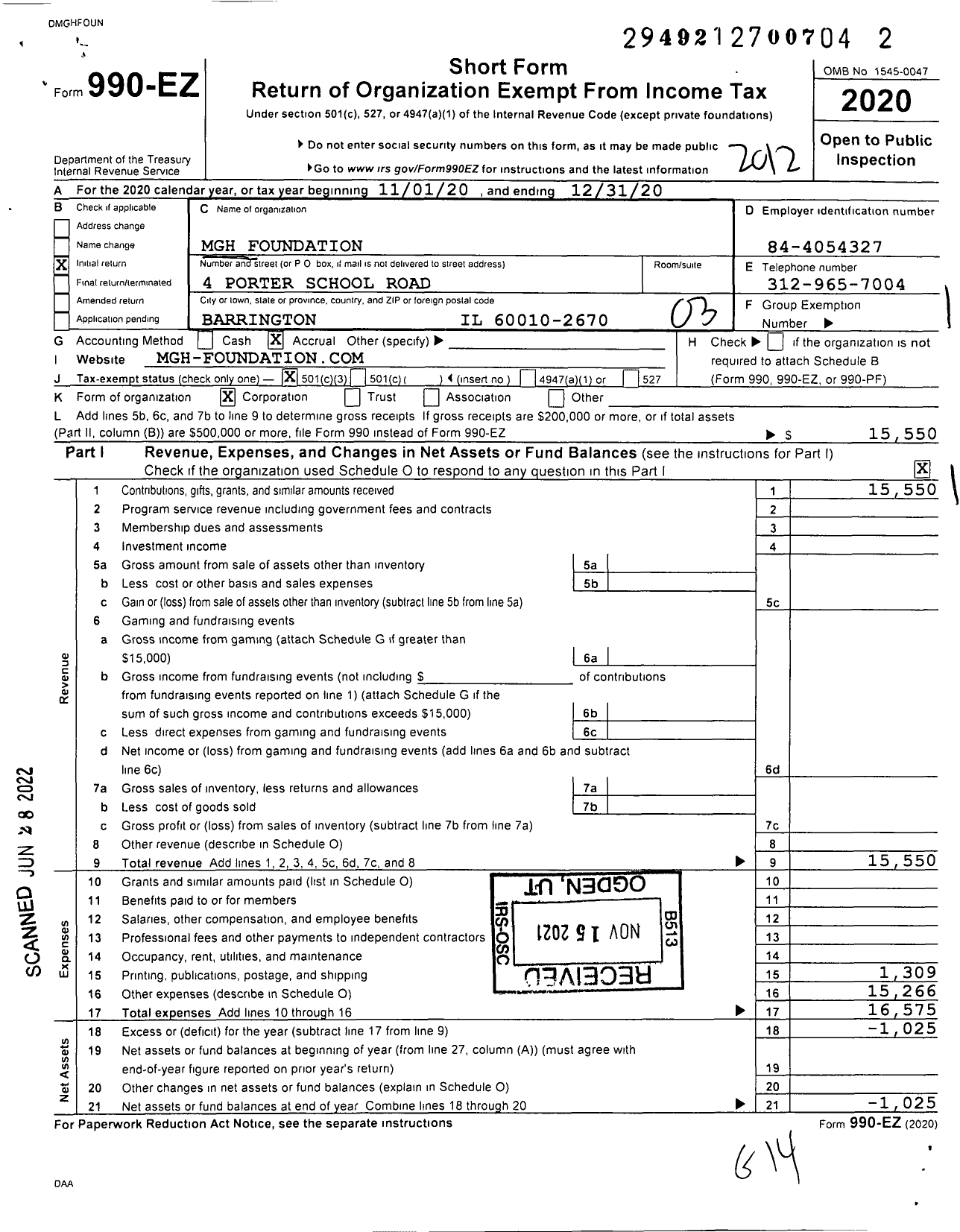 Image of first page of 2020 Form 990EZ for MGH Foundation