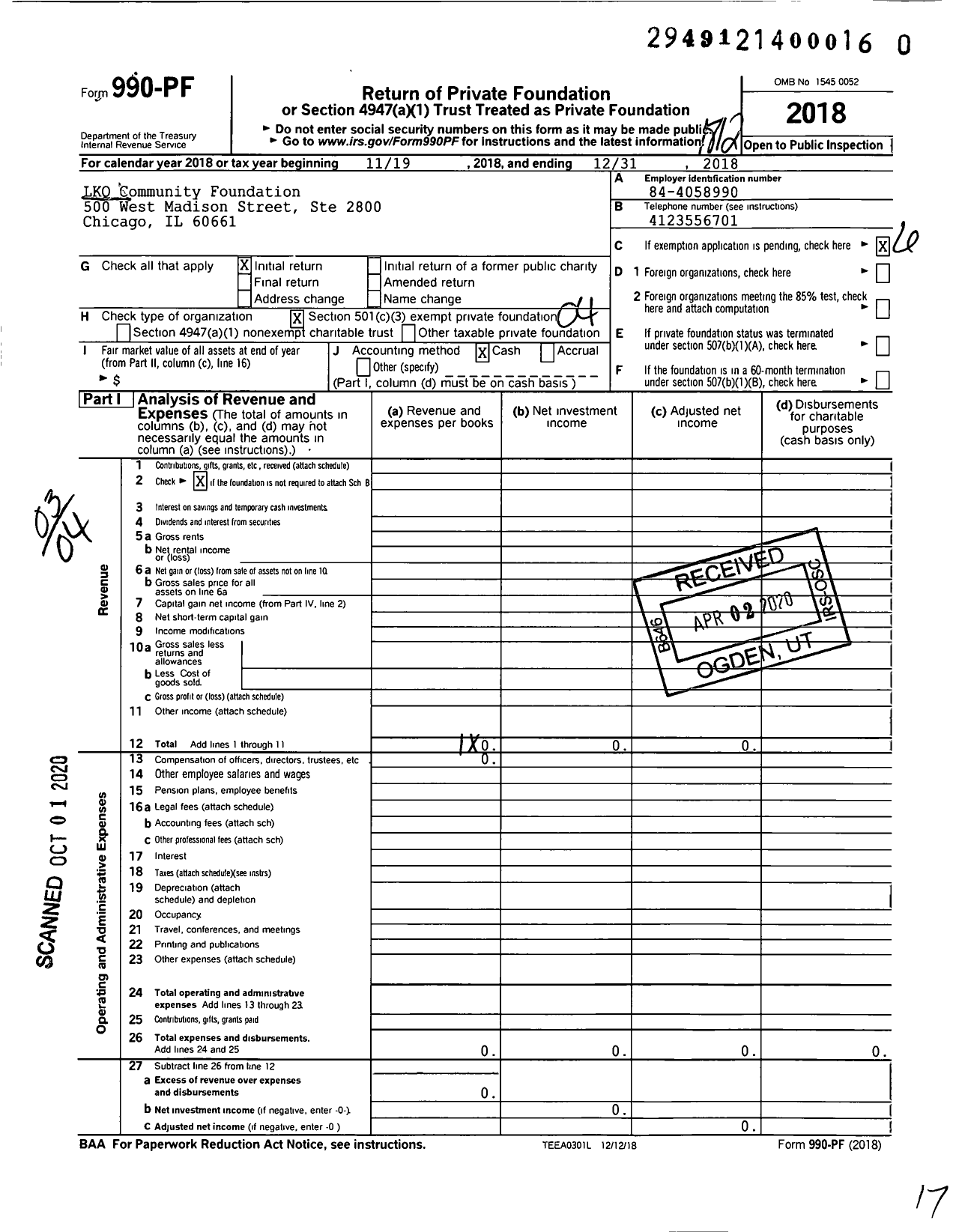 Image of first page of 2018 Form 990PR for LKQ Community Foundation