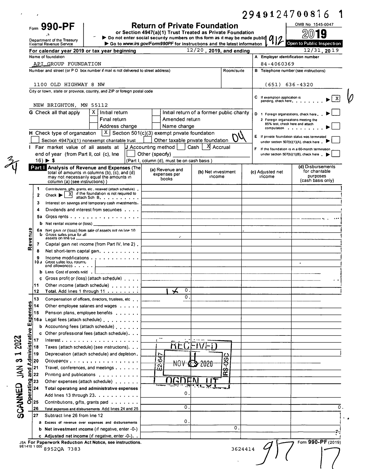 Image of first page of 2019 Form 990PF for Api Group Foundation