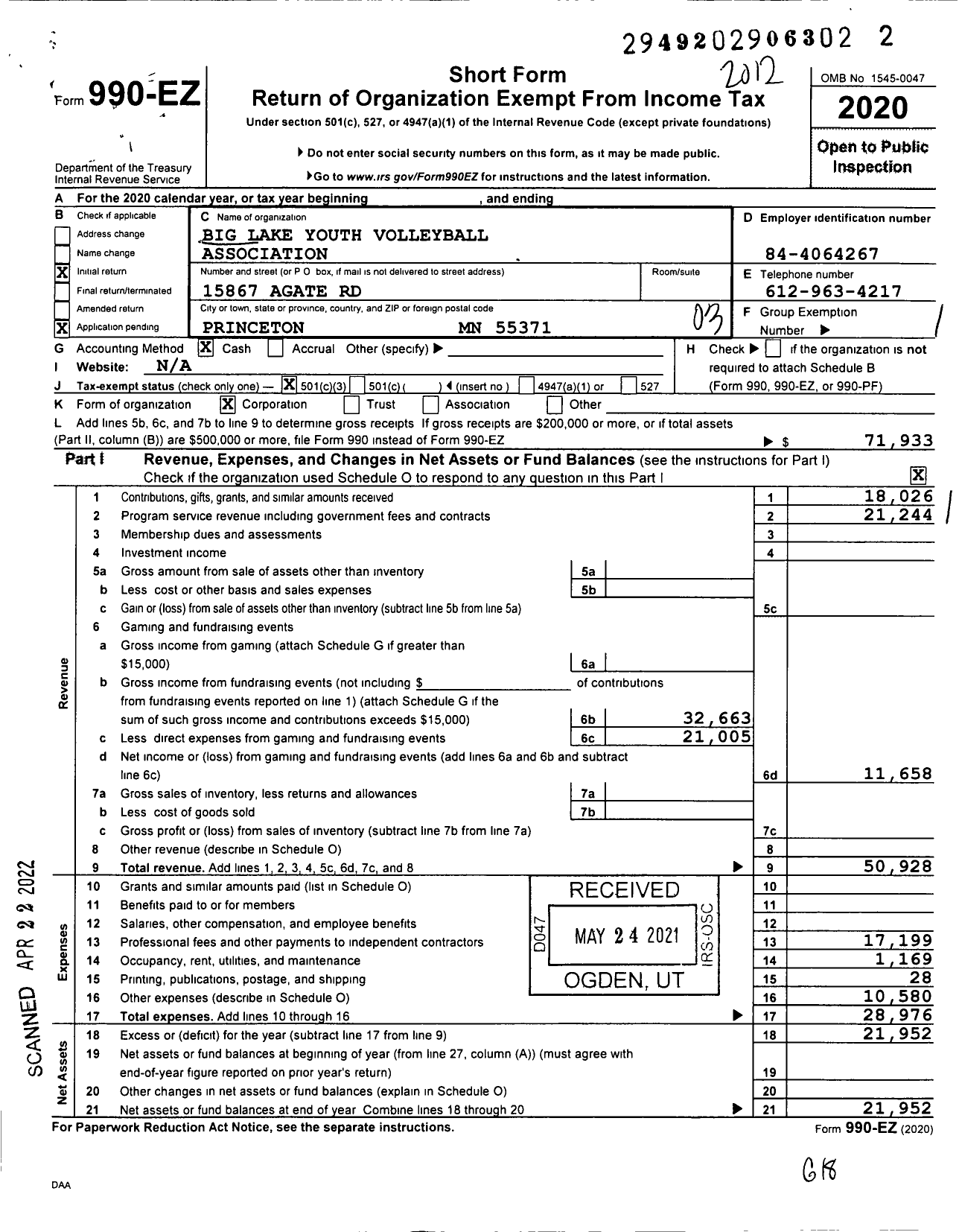 Image of first page of 2020 Form 990EZ for Big Lake Youth Volleyball Association