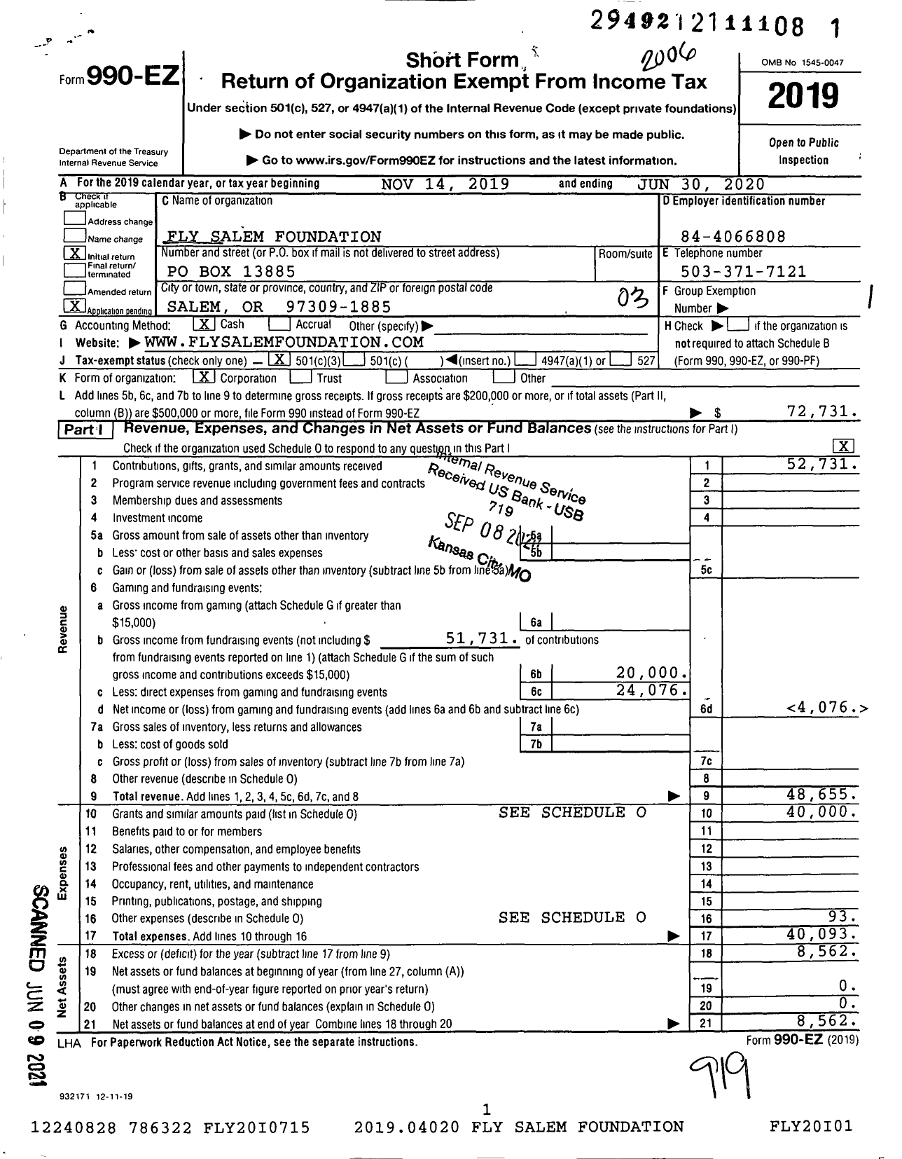 Image of first page of 2019 Form 990EZ for Fly Salem Foundation