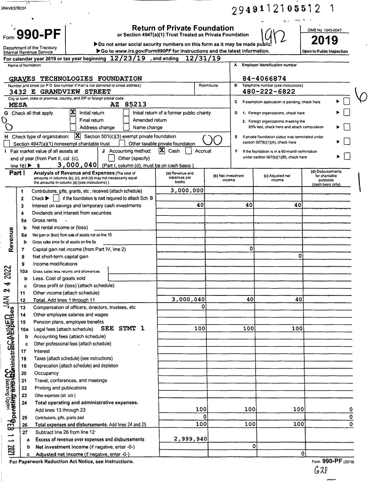 Image of first page of 2019 Form 990PF for Graves Technologies Foundation