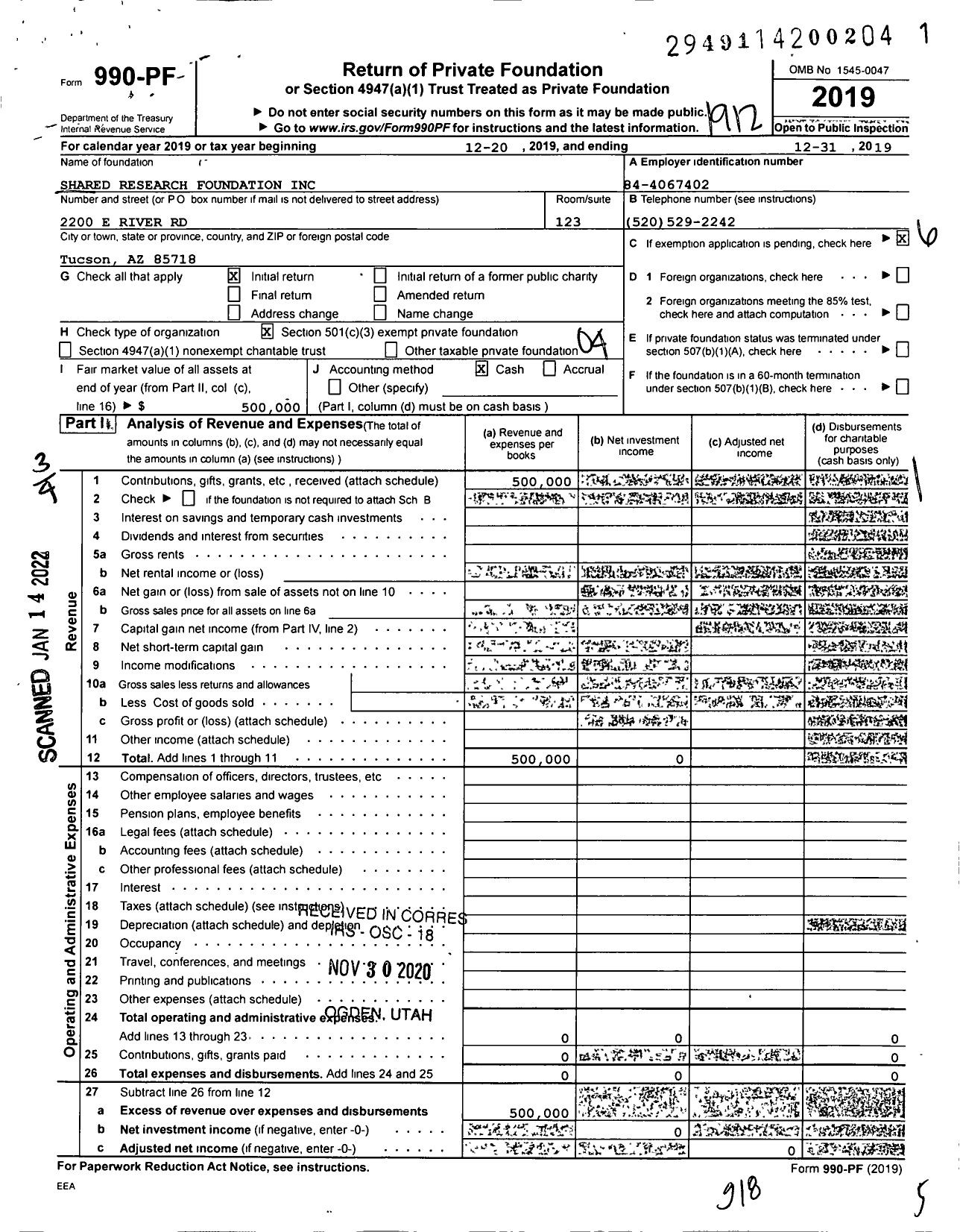 Image of first page of 2019 Form 990PF for Sim Einstein Research Foundation