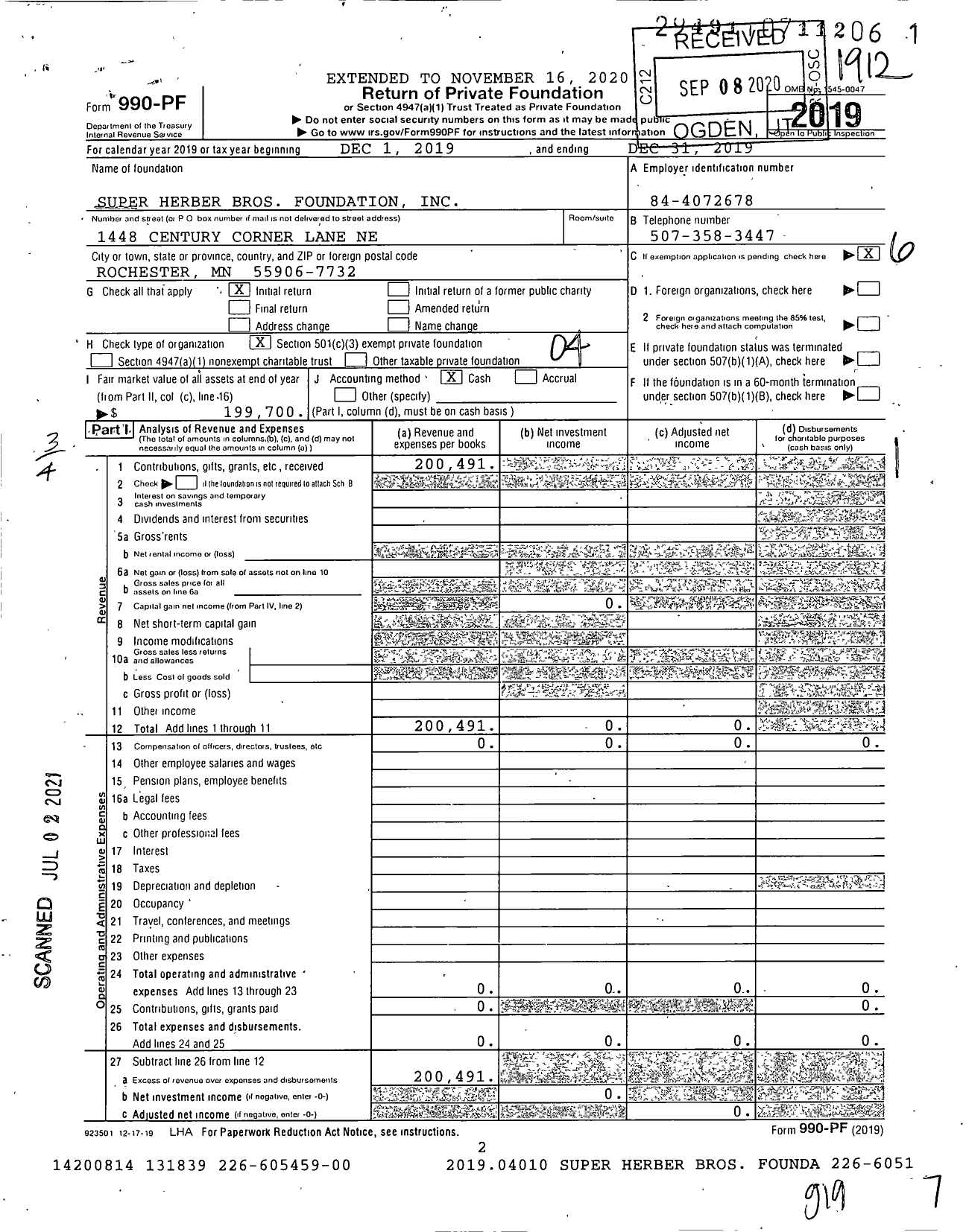 Image of first page of 2019 Form 990PF for Super Herber Bros Foundation