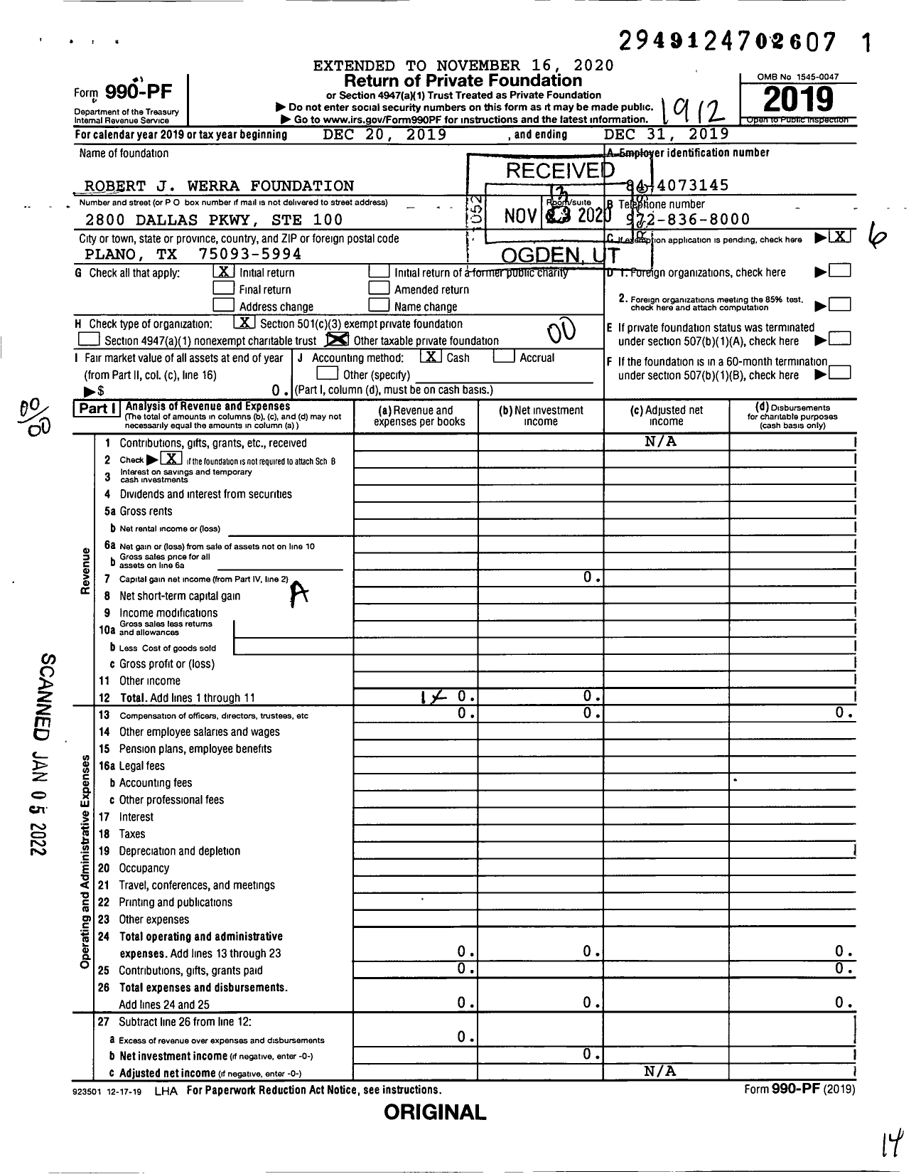 Image of first page of 2019 Form 990PF for Robert J Werra Foundation