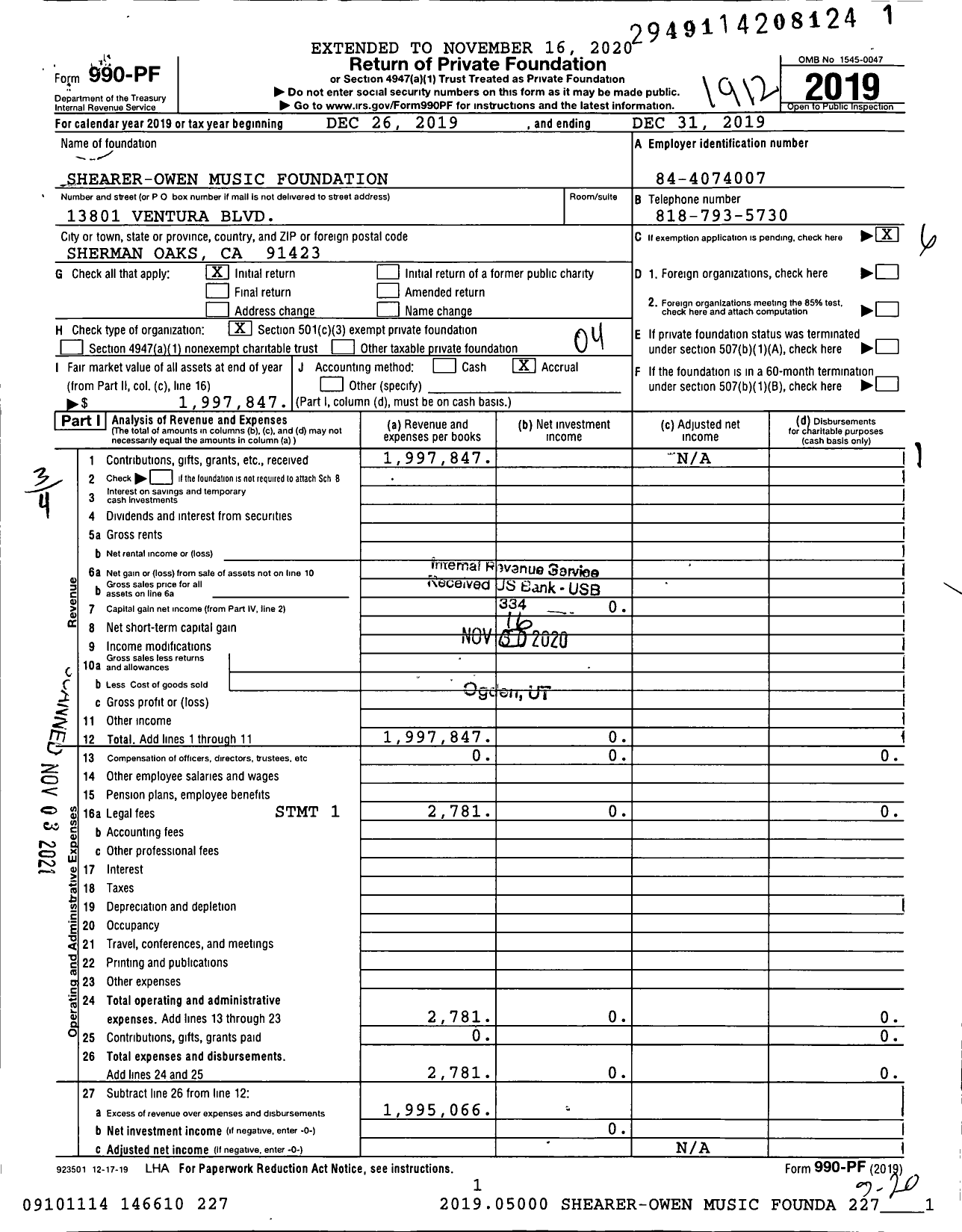 Image of first page of 2019 Form 990PF for Shearer-Owen Music Foundation