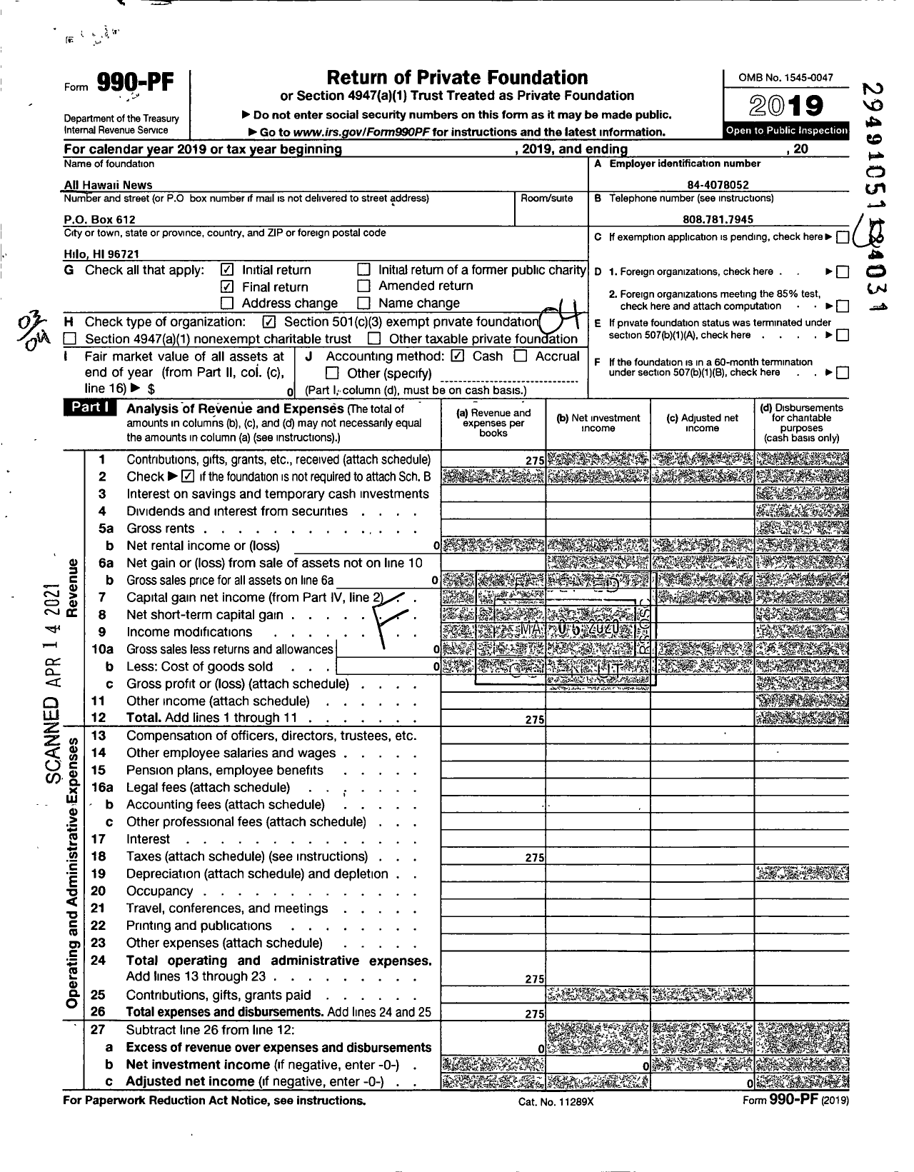 Image of first page of 2019 Form 990PF for All Hawaii News