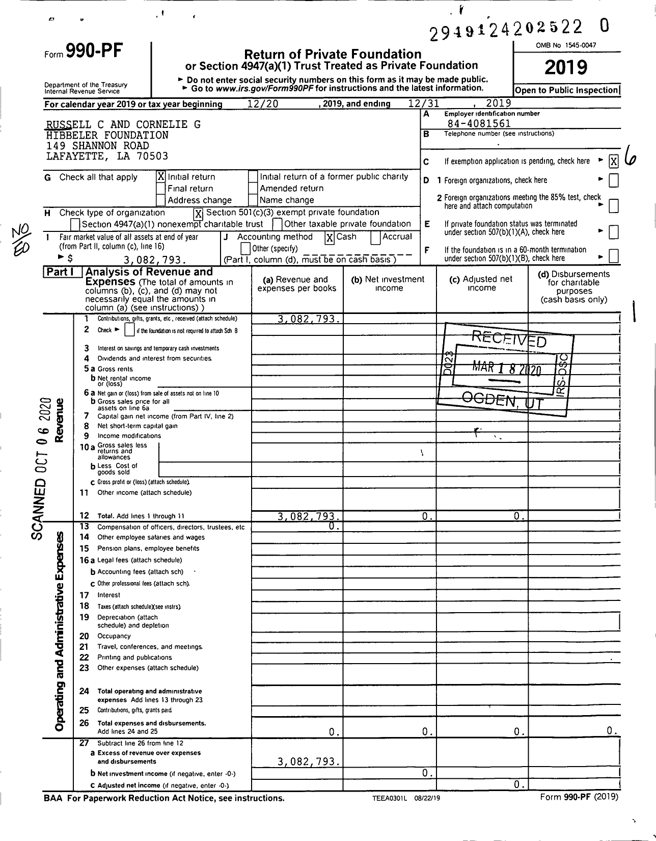 Image of first page of 2019 Form 990PR for Russell C and Cornelie G Hibbeler Foundation