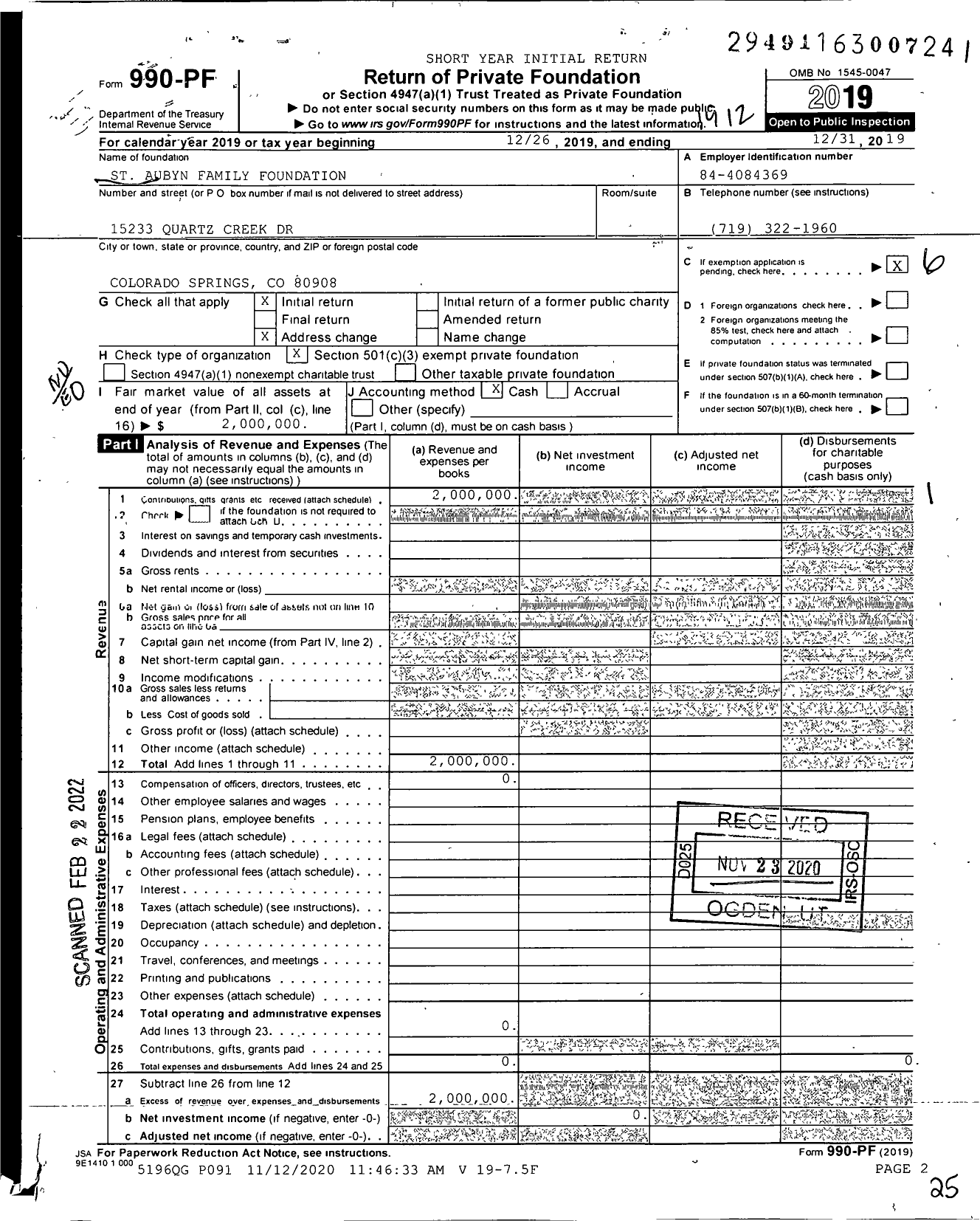 Image of first page of 2019 Form 990PF for St Aubyn Family Foundation